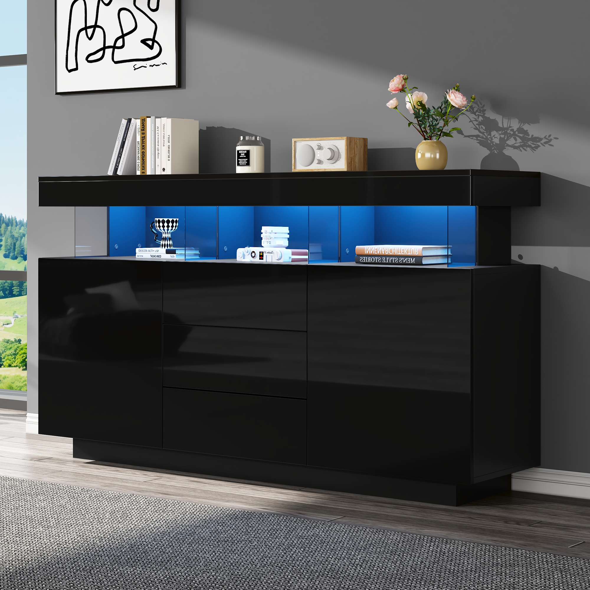 140 X 35 X 80 Cm Modern Sideboard, High Gloss Sideboard, Coffee Bar, Acrylic Sideboard With LED Light Strip, Suitable For Dining Room, Kitchen, Hallwa
