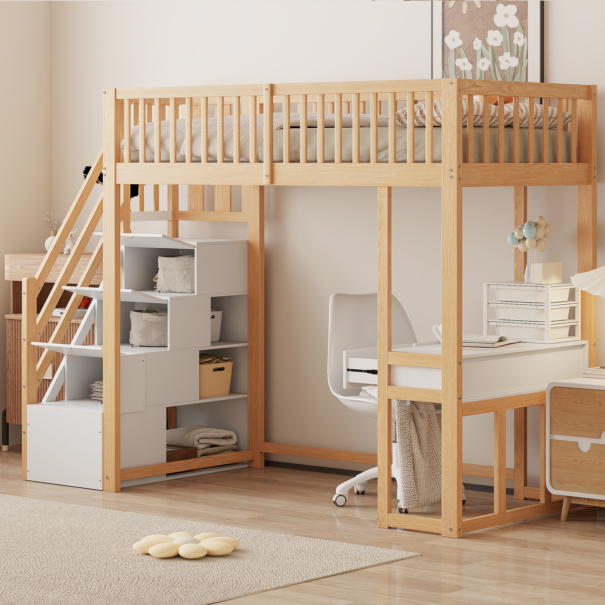 90x200 Loft Bed With Multifunctional Table, Secure Storage Stairs, Solid Pine Bed Frame For Children And Teenagers White