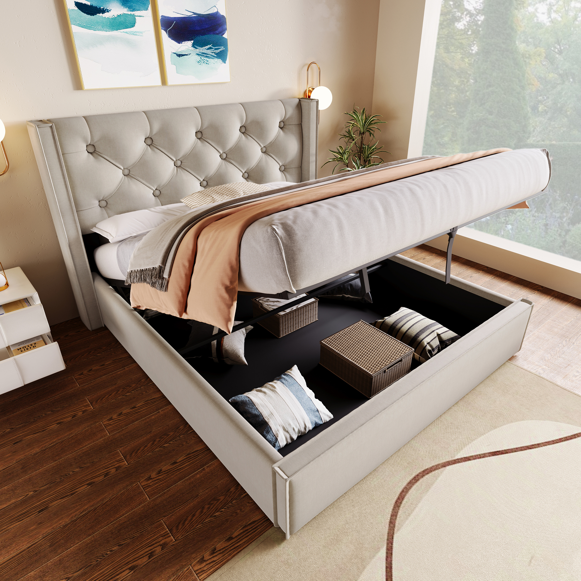 Hydraulic Double Bed Upholstered Bed 140x200cm,Bed With Metal Frame Slatted Frame, Modern Bed Frame With Storage Space, Cotton, Light Grey