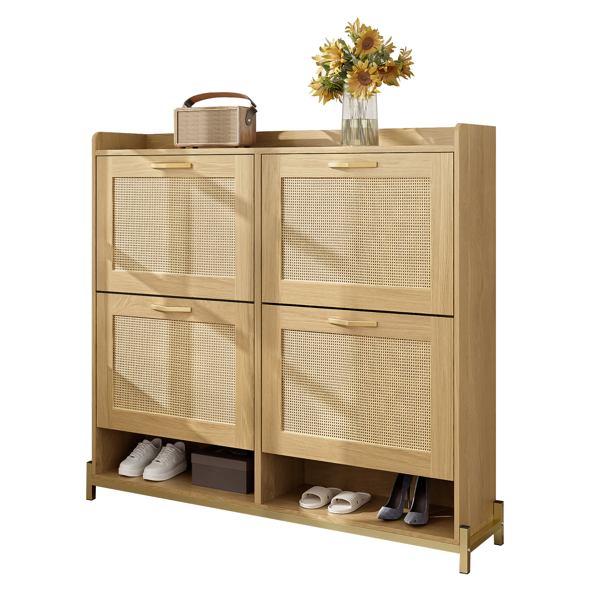 Elegant Wooden Shoe Cabinet With Rattan Doors  4 Doors, Metal Frame And Top Shelf For Stylish And Uncluttered Storage.