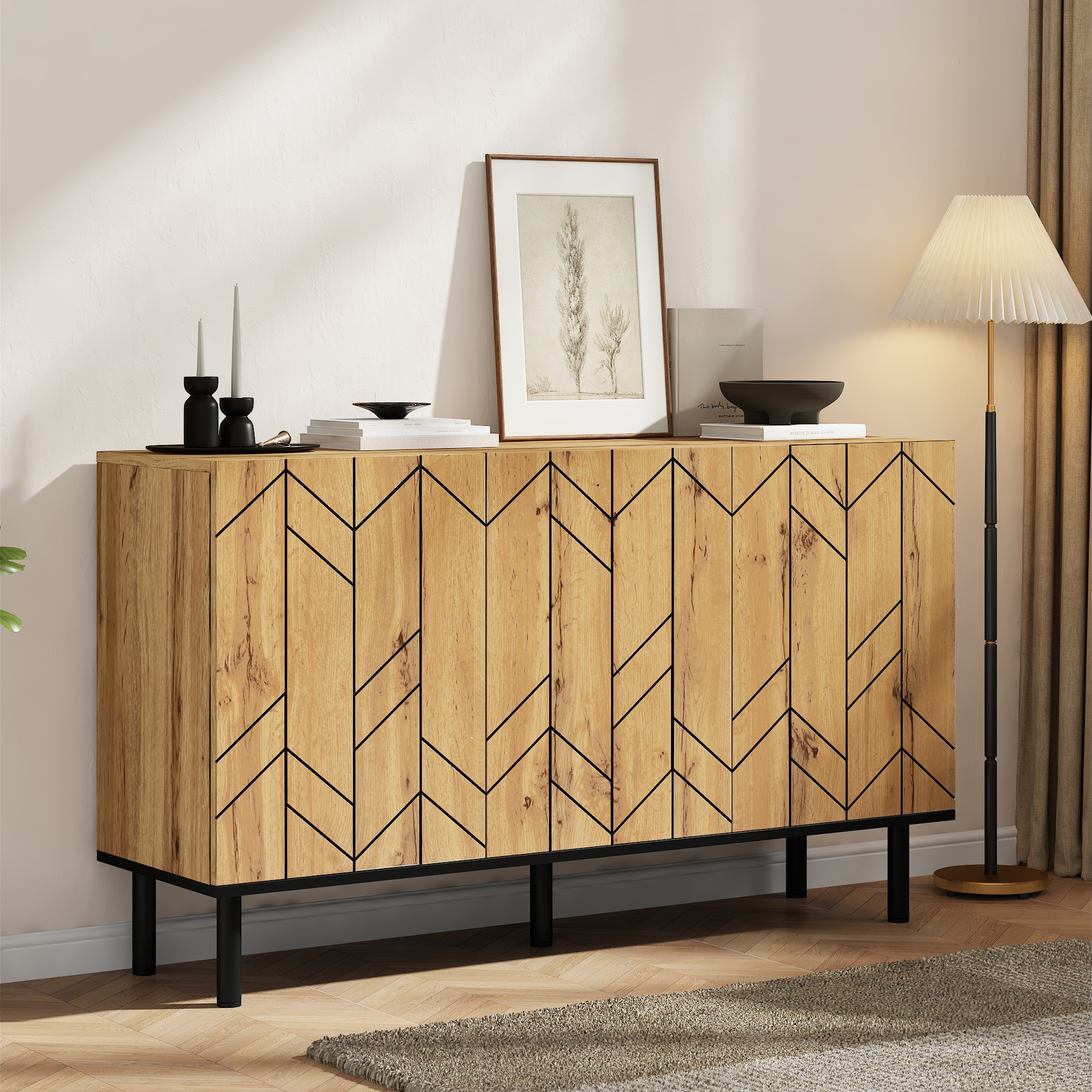 Modern Sideboard 120x35x70cm, Cabinet With 3 Doors, Lockers, Wave Pattern Look, Made Of Robust Chipboard With Metal Legs, Loadable Up To 50 Kg, For Li
