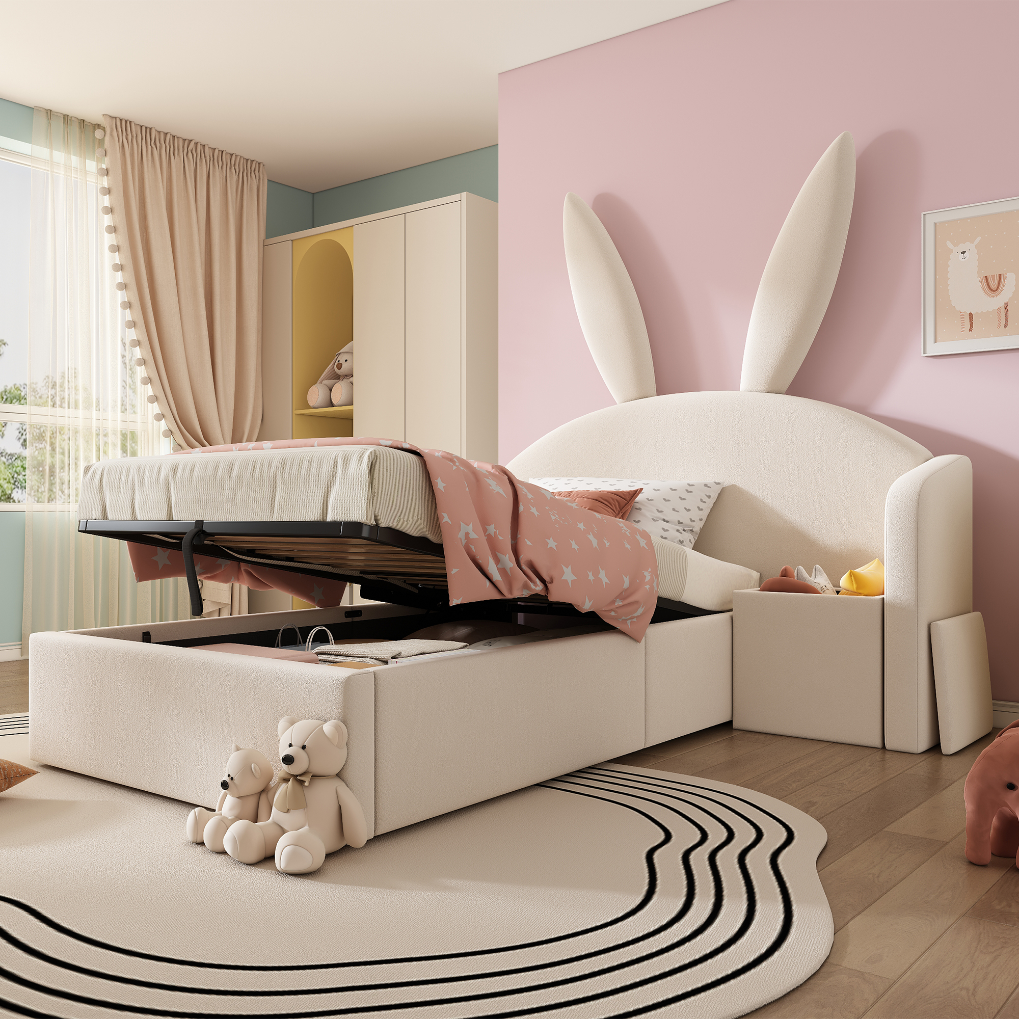 Upholstered Bed 90x190cm With Rabbit Ears Headboard, Cot With Hydraulic Storage & Bedside Table, Velvet Soft Bed, Beige  Without Mattress