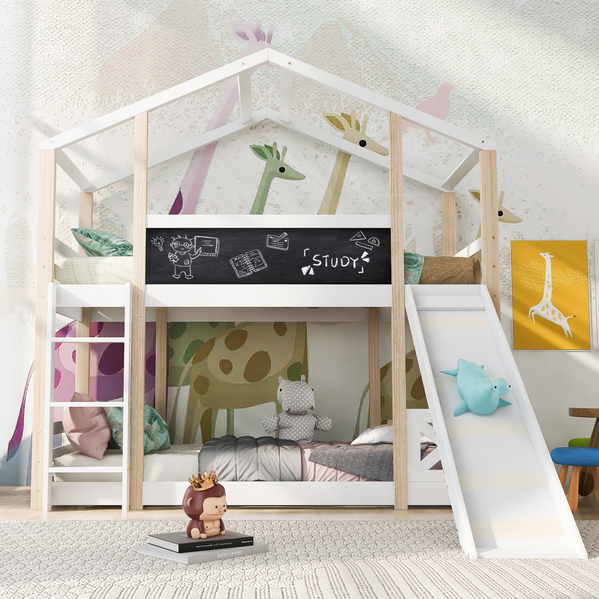 517234AAW   Children's Bed Tree House With Slide & Ladder 90 X 200 Cm, Loft Bed For Children - 2x Slatted Frame - Natural & White