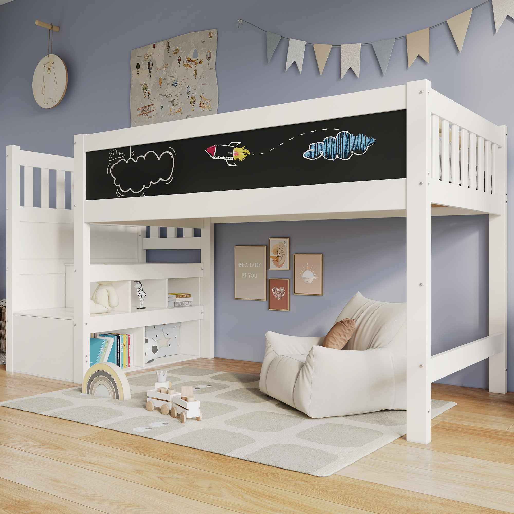 AB20272526W  Children's Bed Loft Bed With Whiteboard & Blackboard, Storage And Fall-out Protection 90 X 200 Cm, White Loft Bed For Children - Slatted Frame - White  Without Mattress