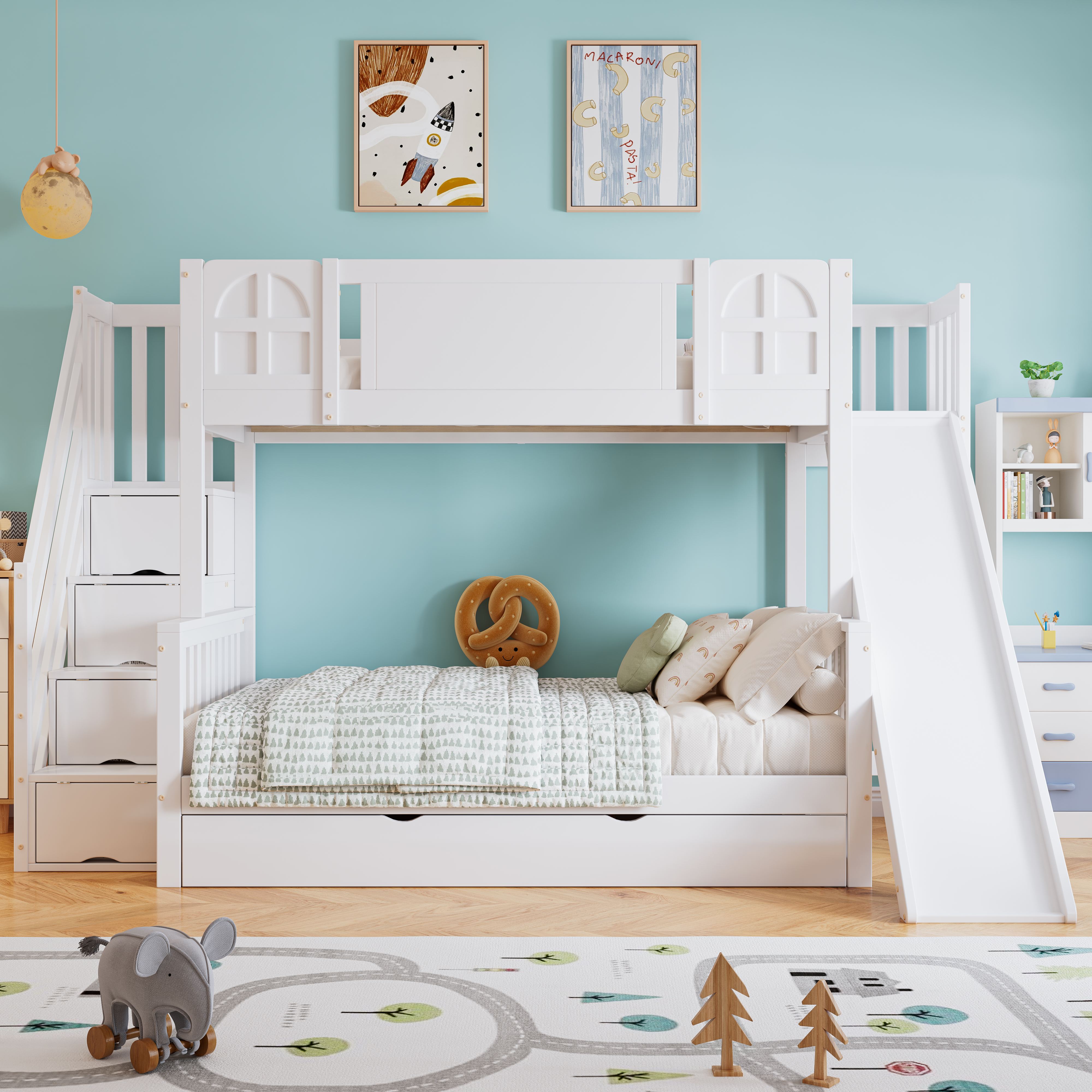 Etagenbett, Kinderbett With Window, With Child Rail, Drawers With Rollers, Staircase With Handrail, With 4 Storage Cubbies In The Staircase, Versatile Design, Ample Storage, Pine-MDF, White, 90x200