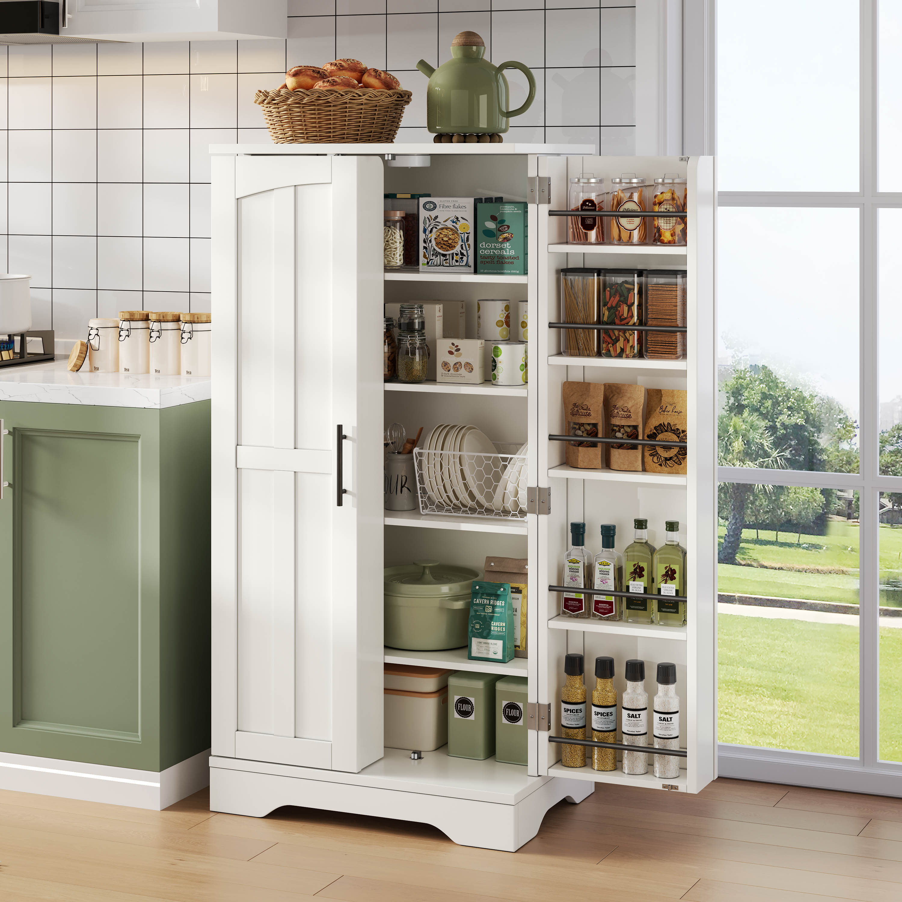 120x60x40xcm Kitchen Cabinet With LED Sensor Light, Large 2-door Storage Cabinet With Adjustable Shelves & Door Shelves  Suitable For Kitchen, Dining Room Or Living Room, White