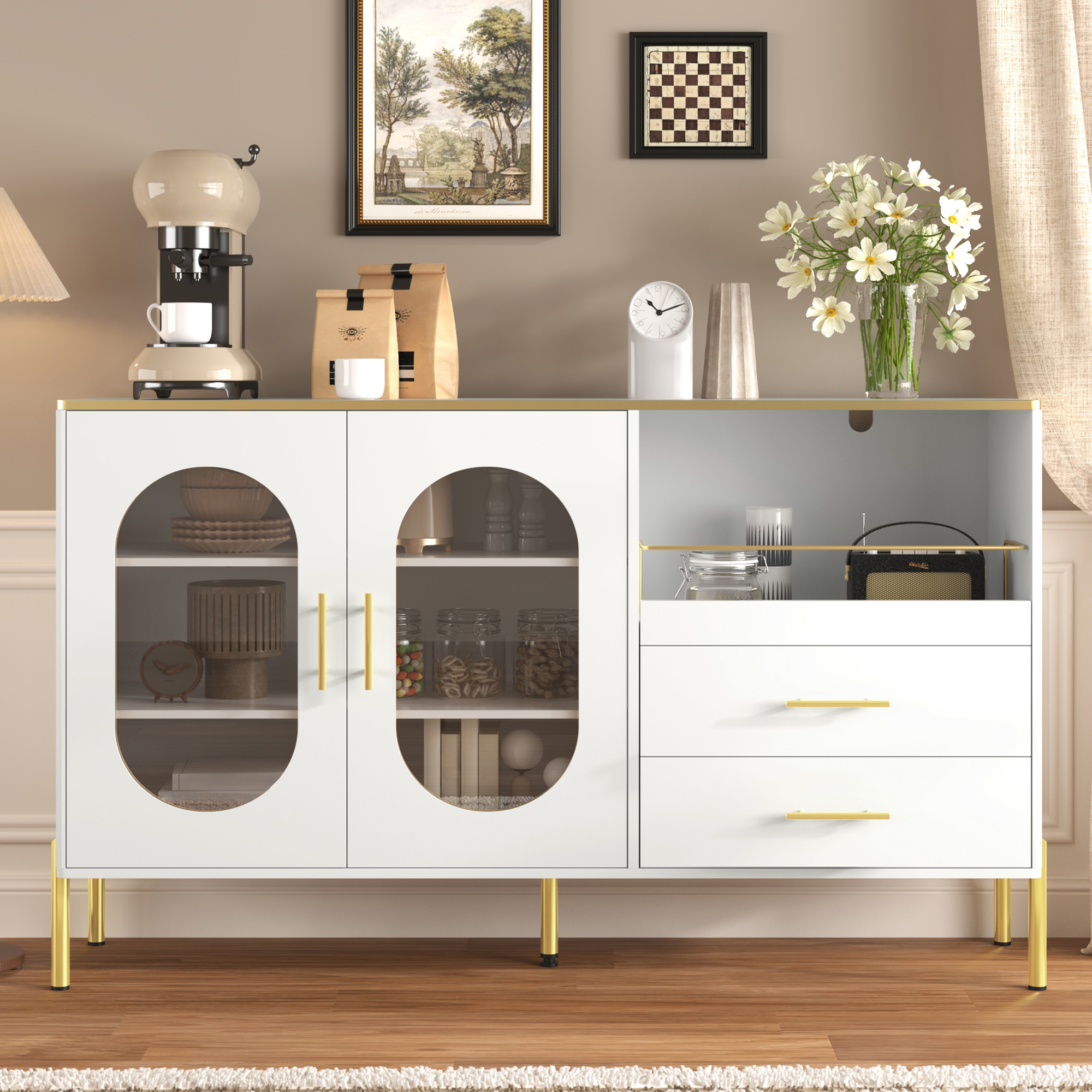 Elegant Sideboard Cabinet With 2 Drawers & 2 Glass Doors  Modern Chest Of Drawers In White With Gold Accents  Plenty Of Storage Space  For Living Room, Dining Room, Hallway