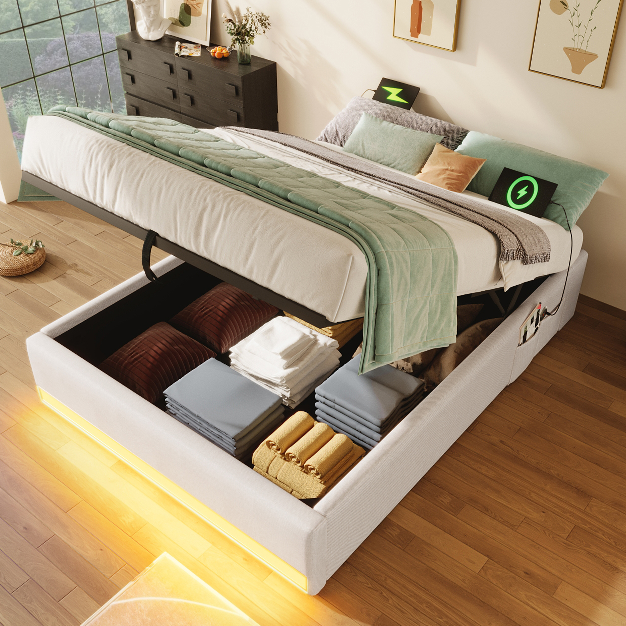 Upholstered Bed, 90x200cm, LED Strip, With USB And Type-C, With Small Storage Pockets, No Headboard Design, Hydraulic Storage Function, No Mattress, Beige