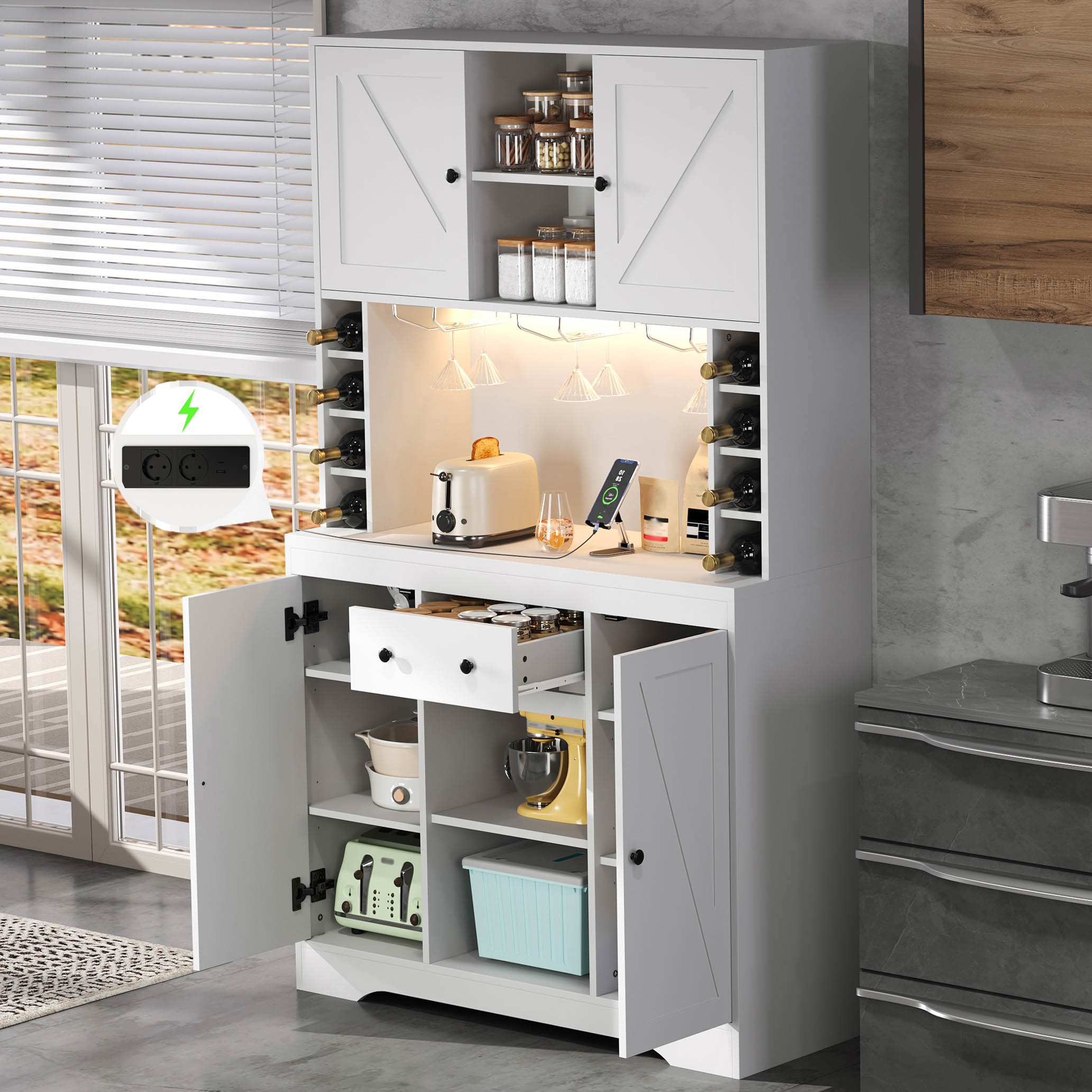 Kitchen Cabinet, Tall Cabinet, Wine Cabinet With Adjustable Shelves, Drawer, Stainless Steel Wine Glass Holder, Wine Bottle Compartments, Color-changi