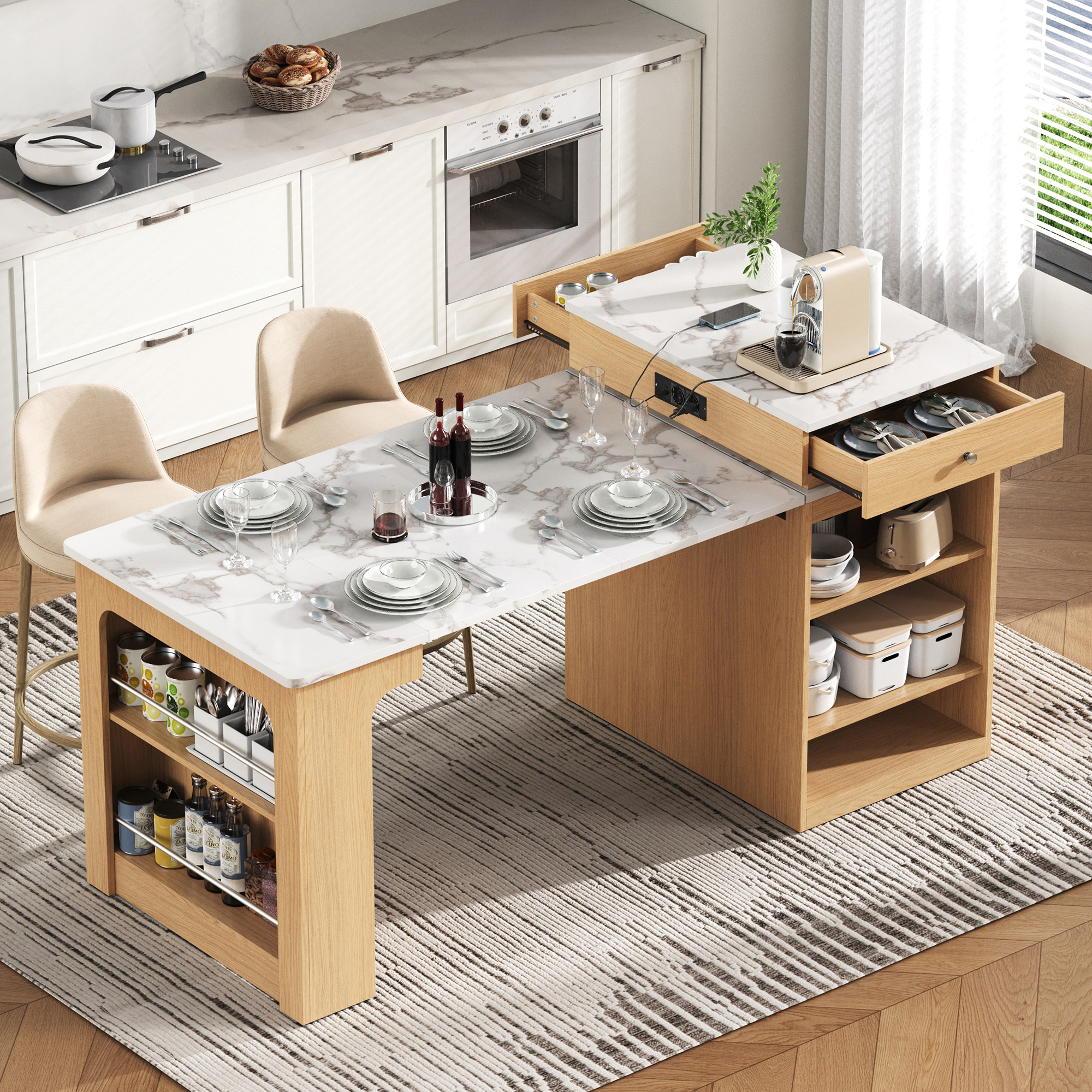 Kitchen Island With Wheels, Extendable Dining Table With Removable Table Top, Bar Table With Power Strips, Serves As A Kitchen Island, Sideboard, Side