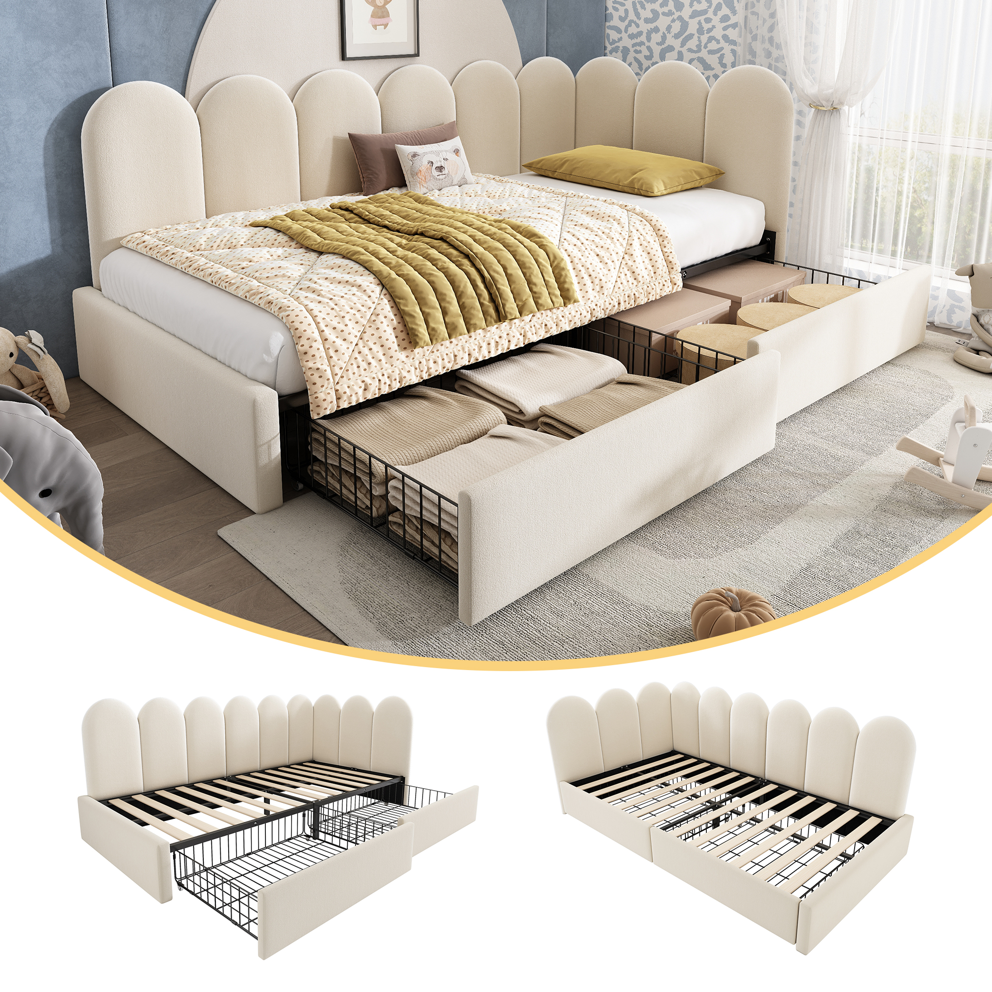 Upholstered Bed Single Bed With Drawers Storage Bed Velvet Daybed Daybed Sofa Bed 90x190cm With Slatted Base Youth Bed And Adult Cot,Beige Without Mattress