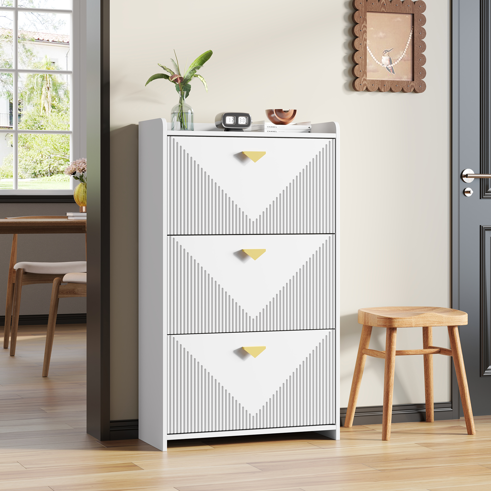 70x30x120cm Shoe Cabinet With 3 Bottom Folding Doors,Hallway Shoe Cabinet With 6 Shoe Storage Compartments,,Sideboard, Living Room Cabinet,MDF,White,V
