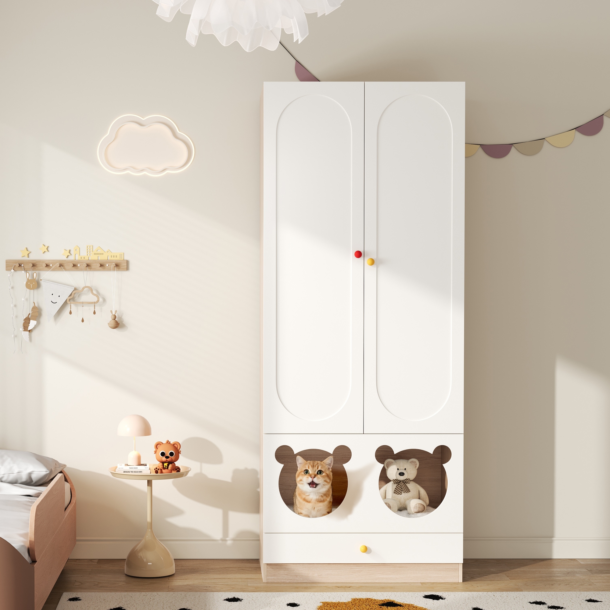 Children's Wardrobe With Ironing Rail, With Cat Bed, Lacquered Boards  Chipboard, Colorful Ceramic Handles, White  Natural Wood Color, 80x50x200cm, Su