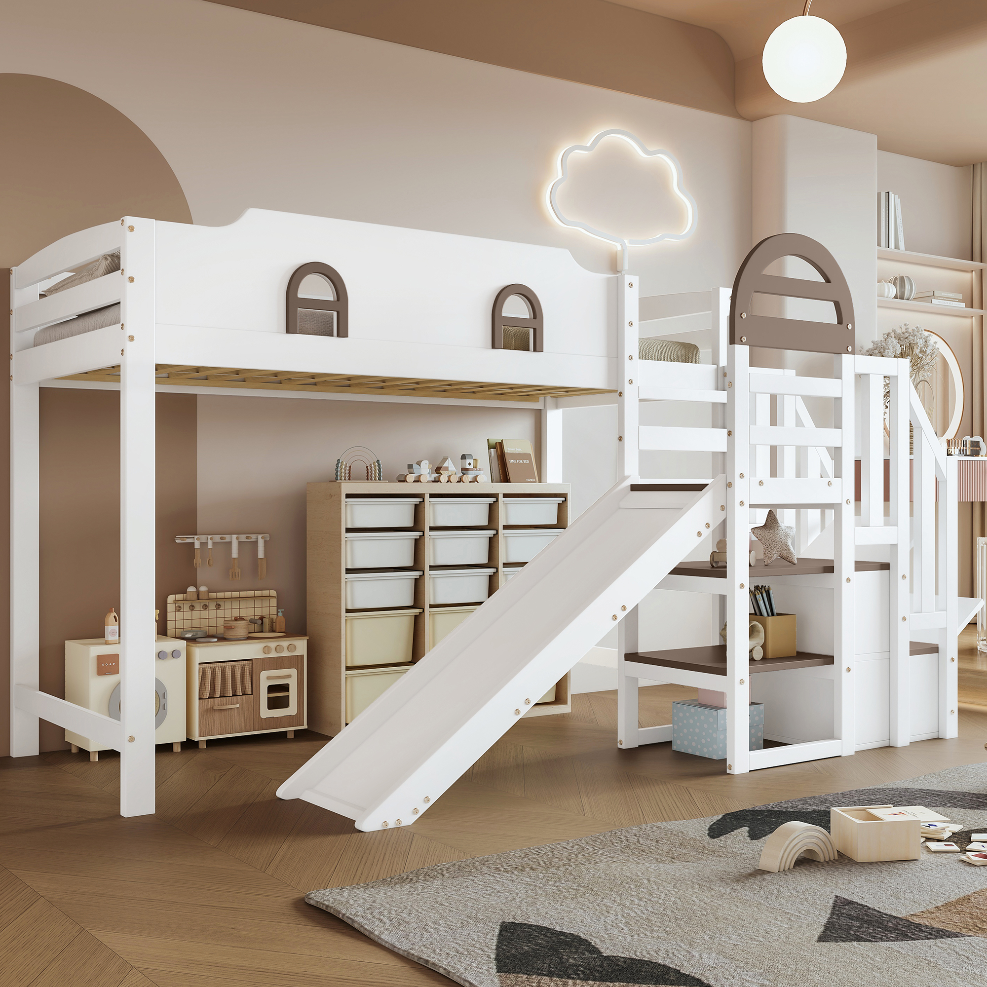 Bunk Bed, Children's Bed With Window, With Children's Slide, Stairs With Handrail, With 2 Lockers In The Stairs, Versatile Design, Plenty Of Storage Space, Pine MDF, White Brown, 90x200cm