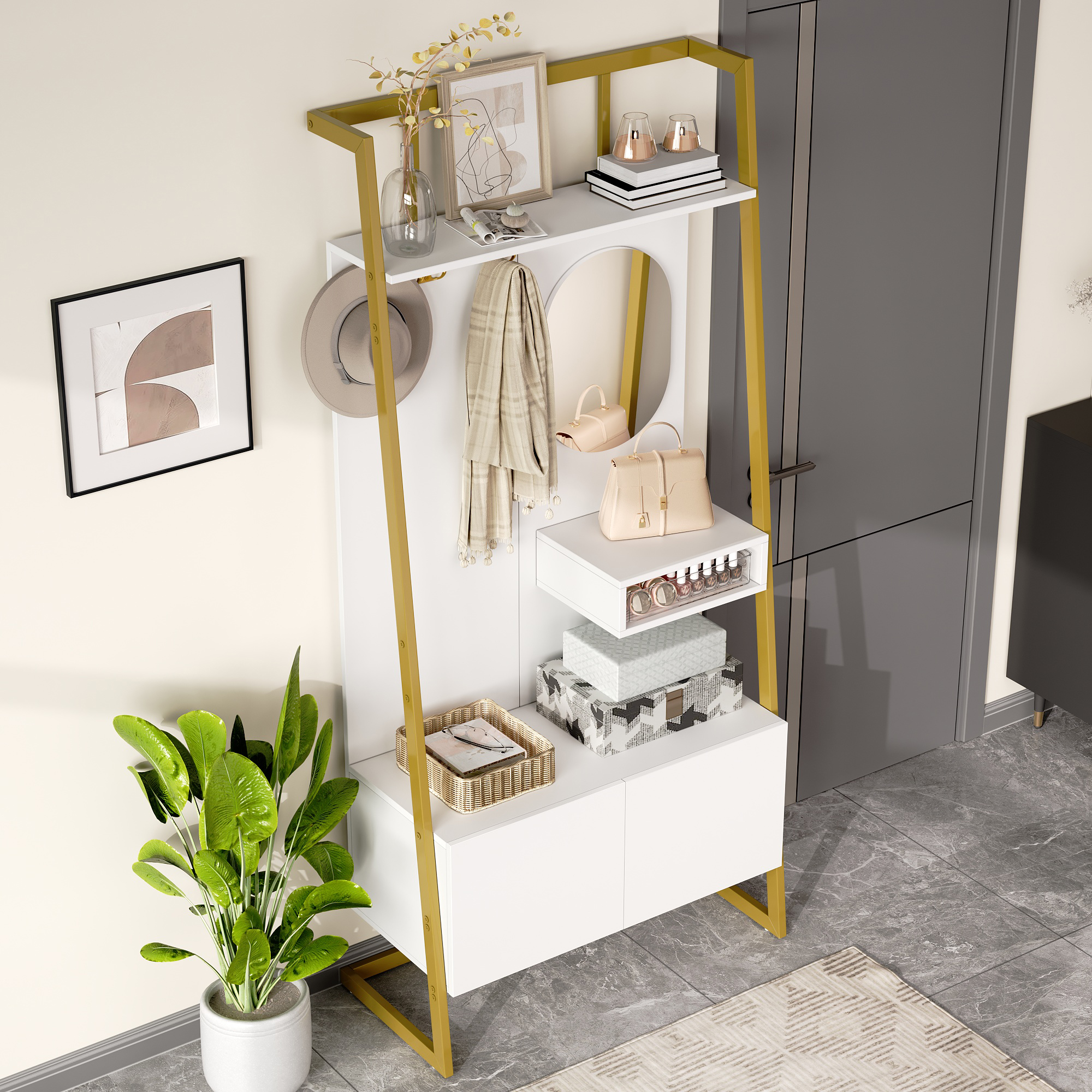 Modern Minimalist Compact Coat Rack, Open Multifunctional Storage Cabinet With Mirror, Metal Hook, Coat Rack With Shoe Bench, Coat Rack, Shoe Storage, Clothes Rack,