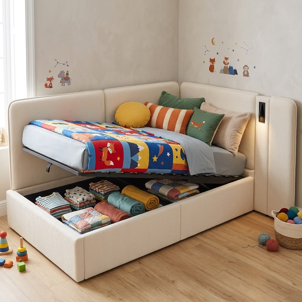Daybed 90x200 Cm With Hydraulic Storage, Upholstered Bed, Daybed, Sofa Bed With USB Charging Port And Reading Lamp, Beige, Boucle 5