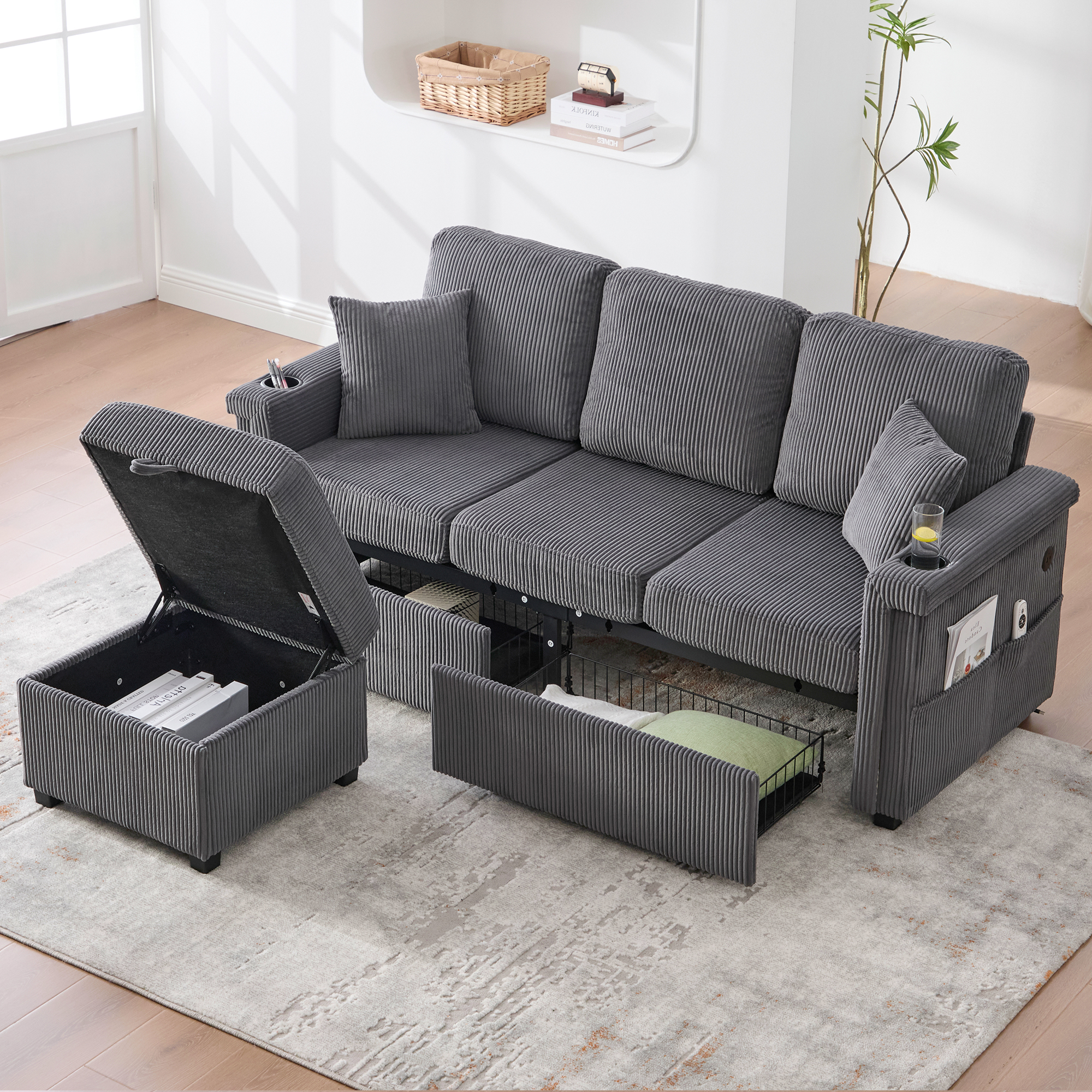 High-quality Velvet Sofa With LED Lighting & USB-C Port, Including Storage Footboard, Practical Cup Holders And Side Pockets  Premium Quality For The Living Room, Bedroom Or Office.
