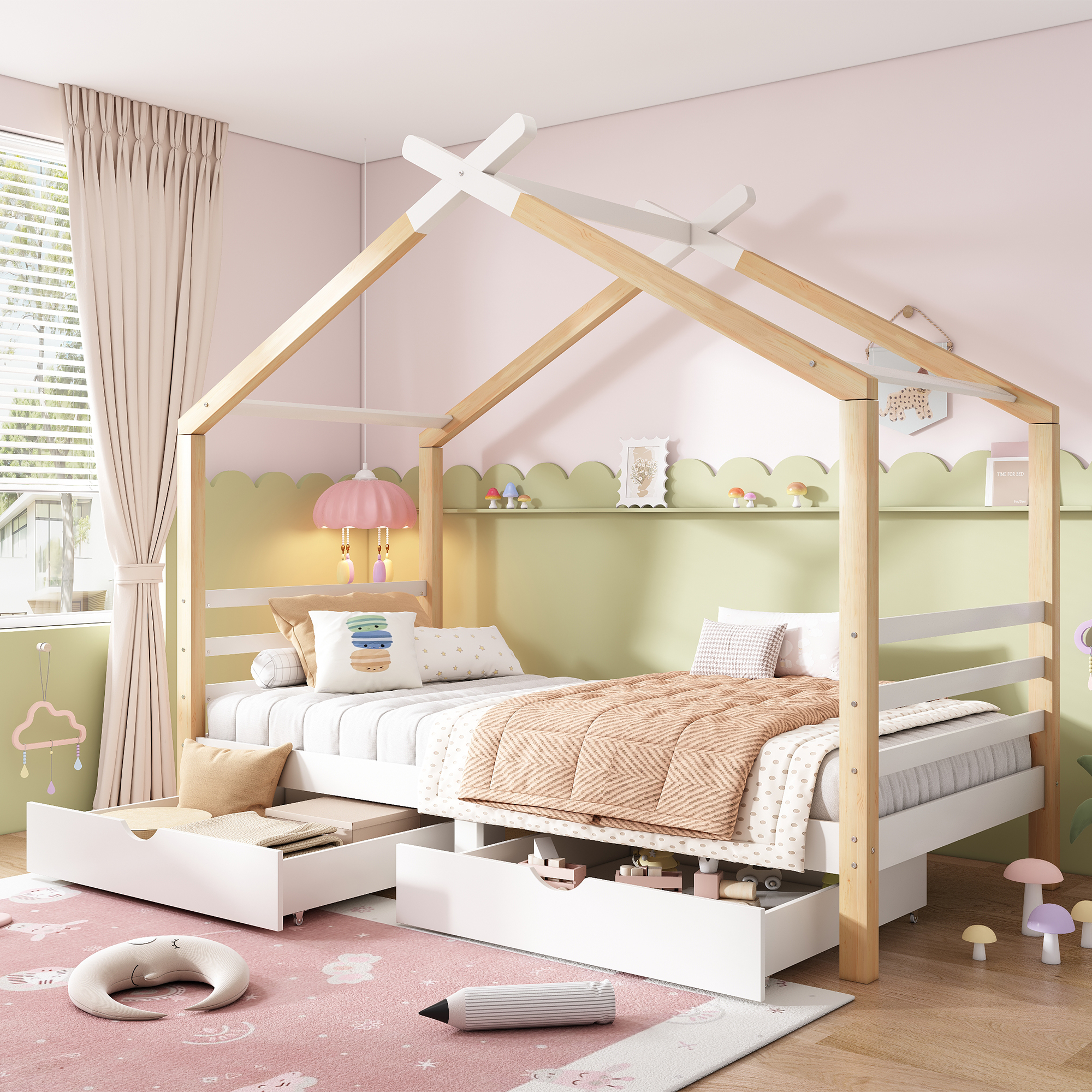 Children's Bed House Bed With Drawers, Solid Wood With Slatted Frame, Pine Wood House Bed, Children And Teenagers' Room, White Wood Color  90x200cm