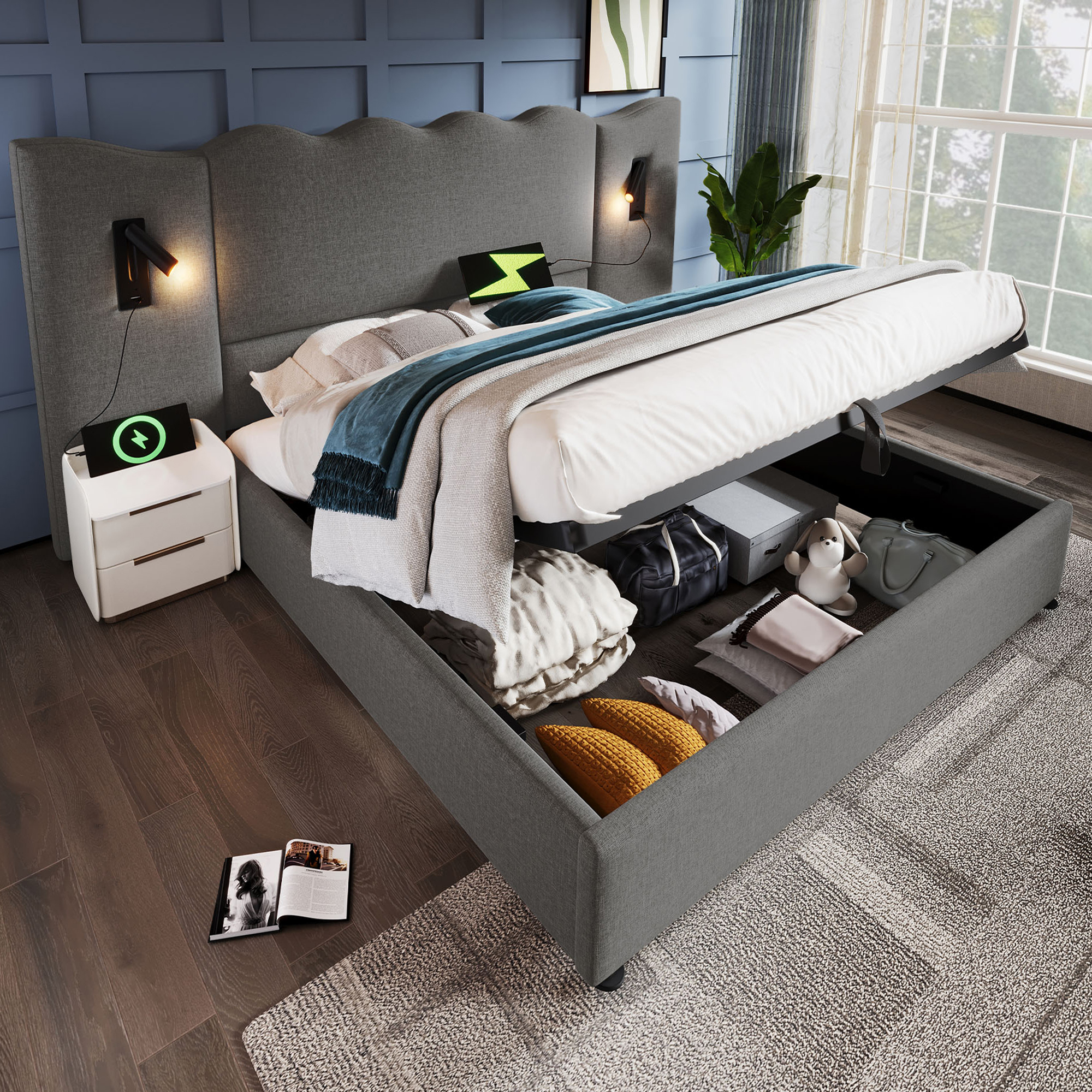 Upholstered Bed Double Bed 160x200 With Reading Lamp And USB Type-C Charging Function, Storage Bed Frame With Slatted Frame Made Of Solid Wood And Metal, Grey, Linen  Without Mattress