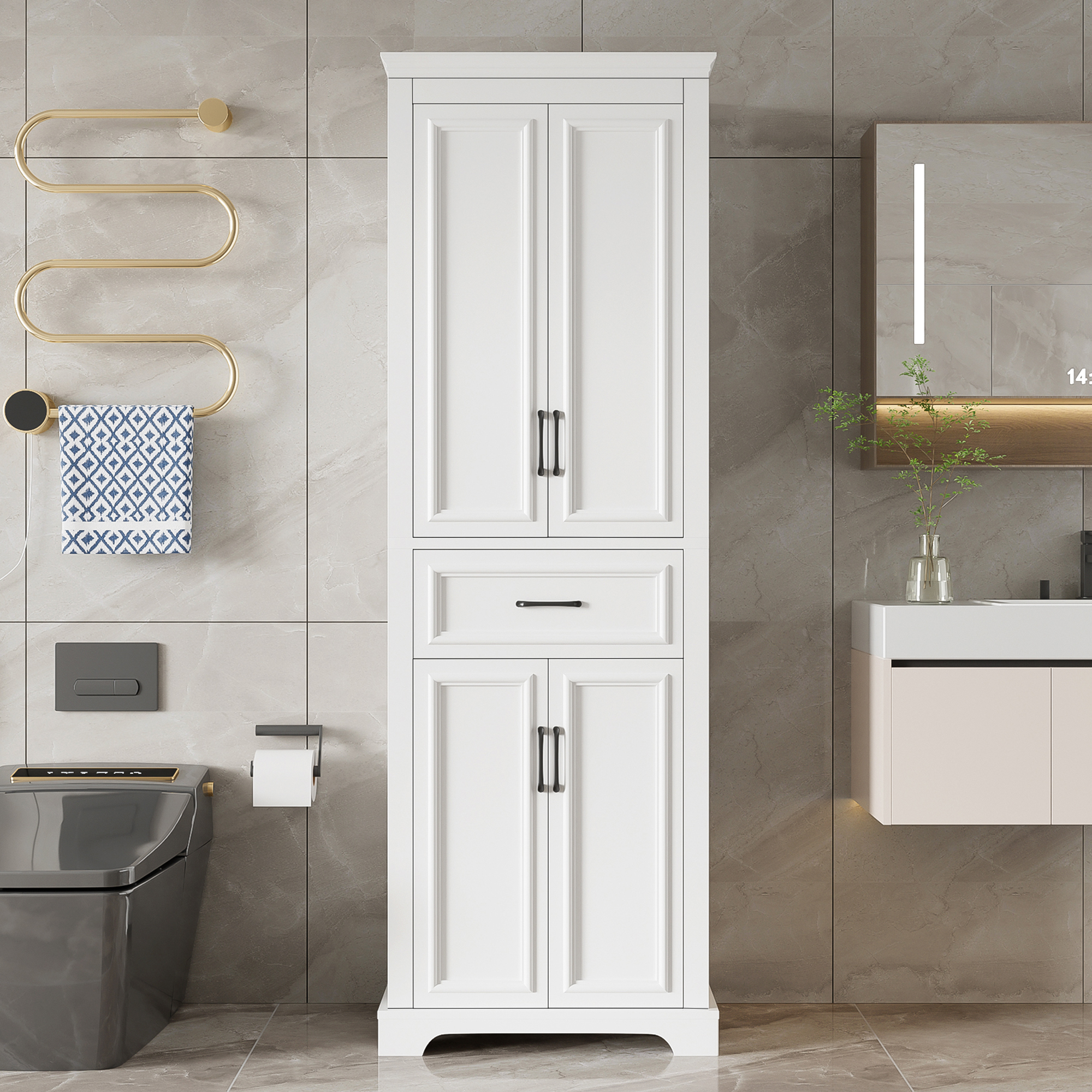 60x40x180 Cm, Bathroom Tall Cabinet, Lacquered Surface, Adjustable Shelves, Pull-out Drawers, Double Doors, Anti-tilt Device, Black Handles, Hinges Wi