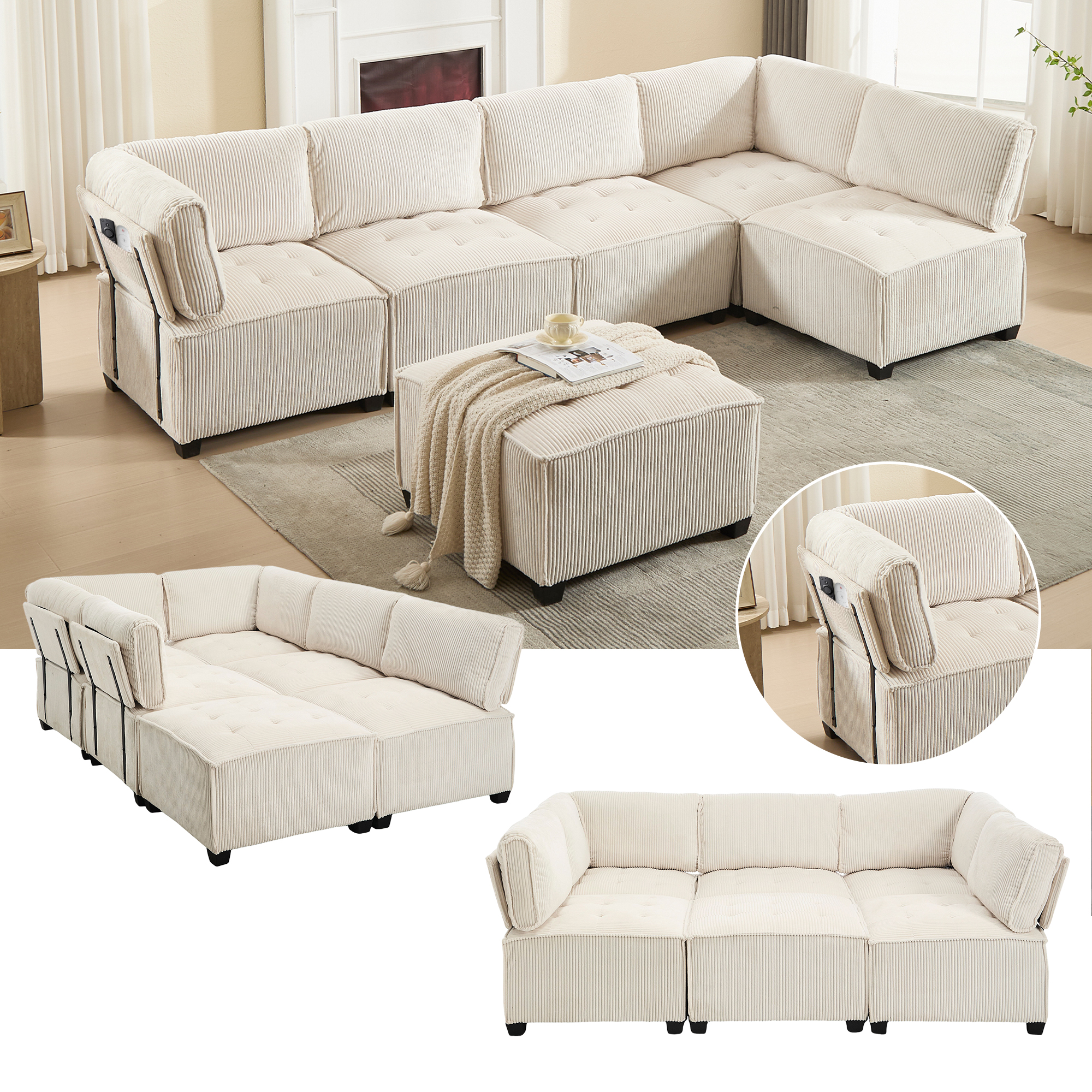 308cm Long Sofa Modular 6-seater Sofa, Corduroy Fabric, Ergonomic, Storage Pockets, Can Be Flexibly Combined As A U-shape L-shape Sofa Bed, Stable Wood And Metal Structure, Easy To Assemble, Beige