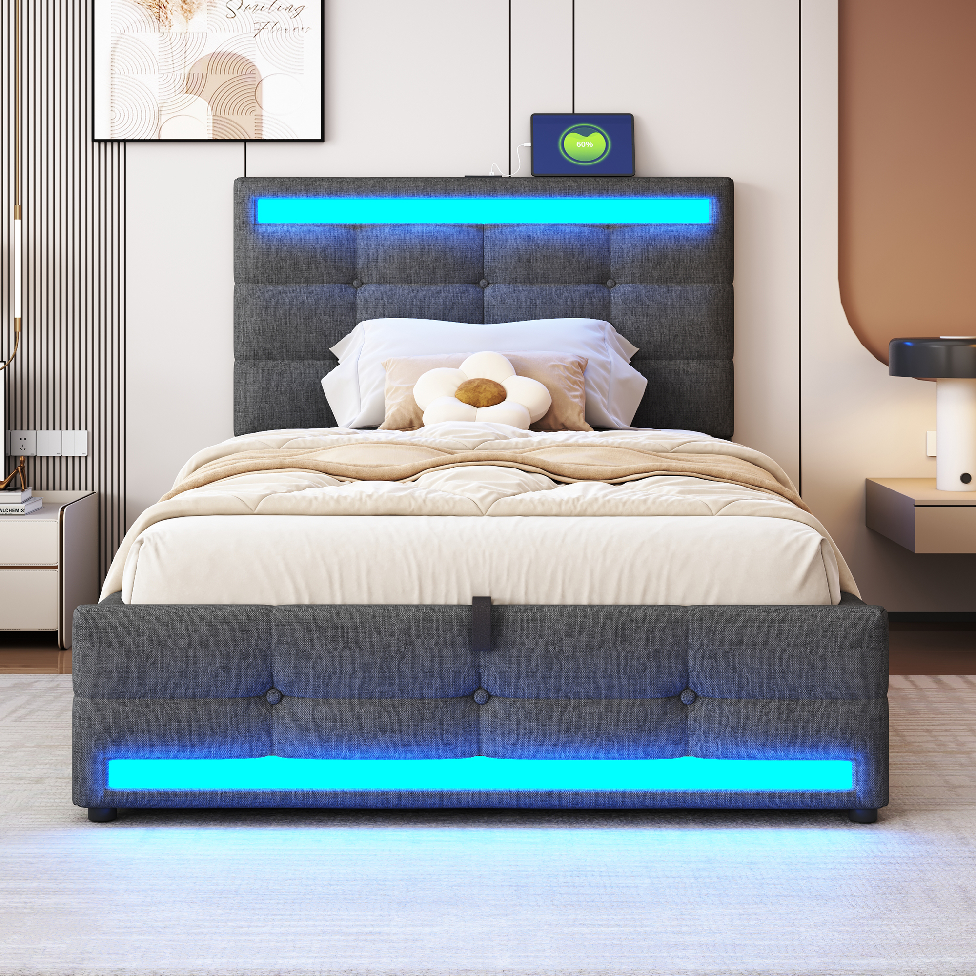 Upholstered Bed 90x200 Hydraulic Storage Crib With USB And Color Changing LED Light Strip, Gray Linen Single Bed 4