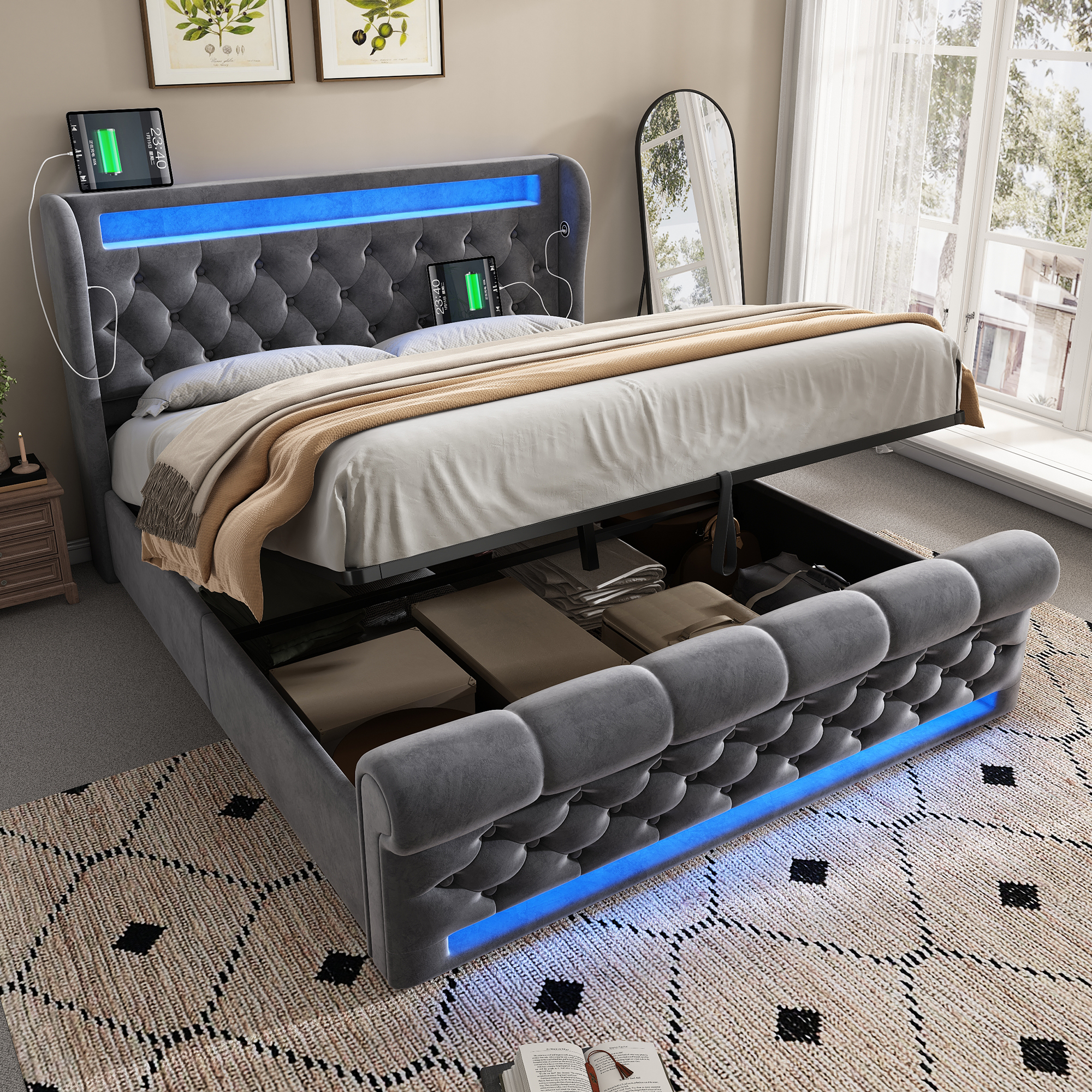 Modern Upholstered Bed Double Bed 140x190cm, Upholstered Bed With LED Lights,Storage Headboard With USB And Type-C Ports, Hydraulic Storage Bed, Grey, Velvet Without Mattress