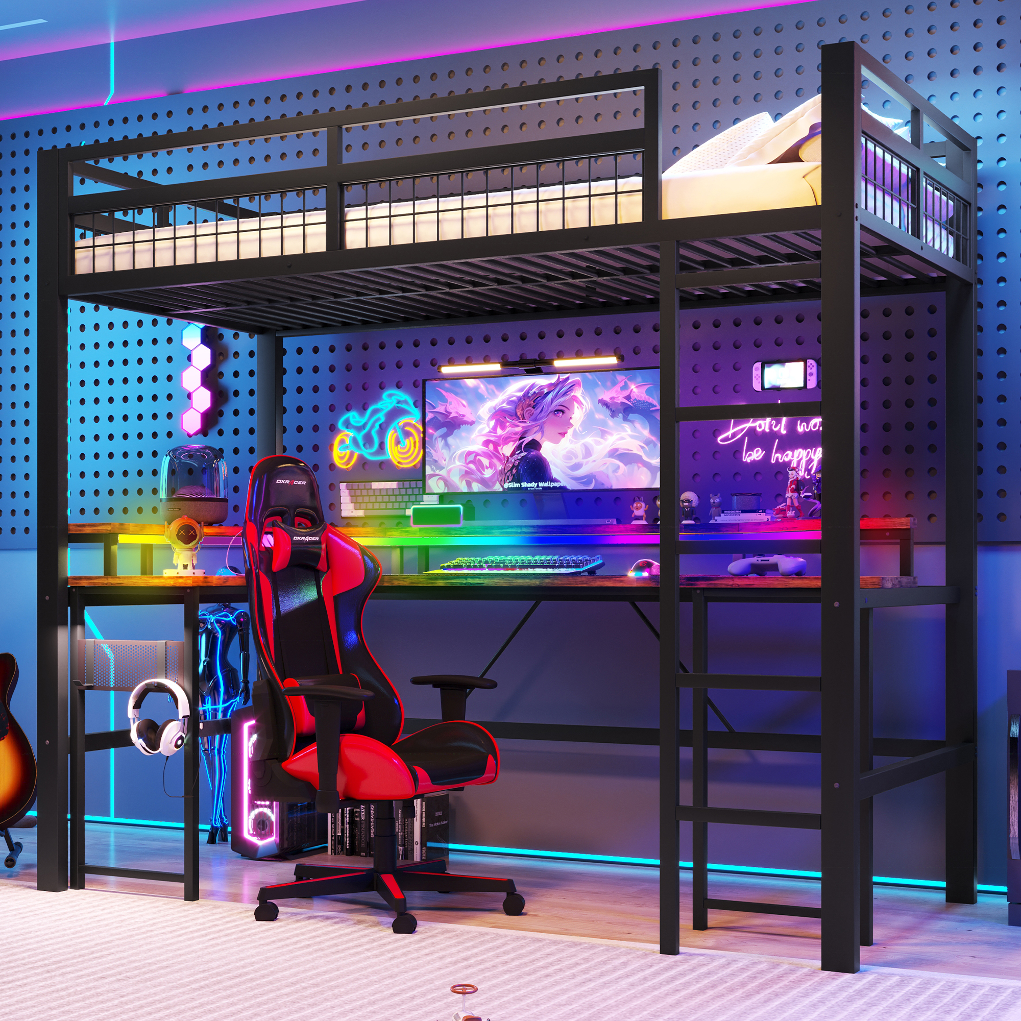 Loft Bed, 90 X 200 Cm, Iron Frame, With Colour-changing LED Light Strip, With Desk, 1 USB Port  1 Type-C Port And 2 Sockets, With Perforated Wall, Wit