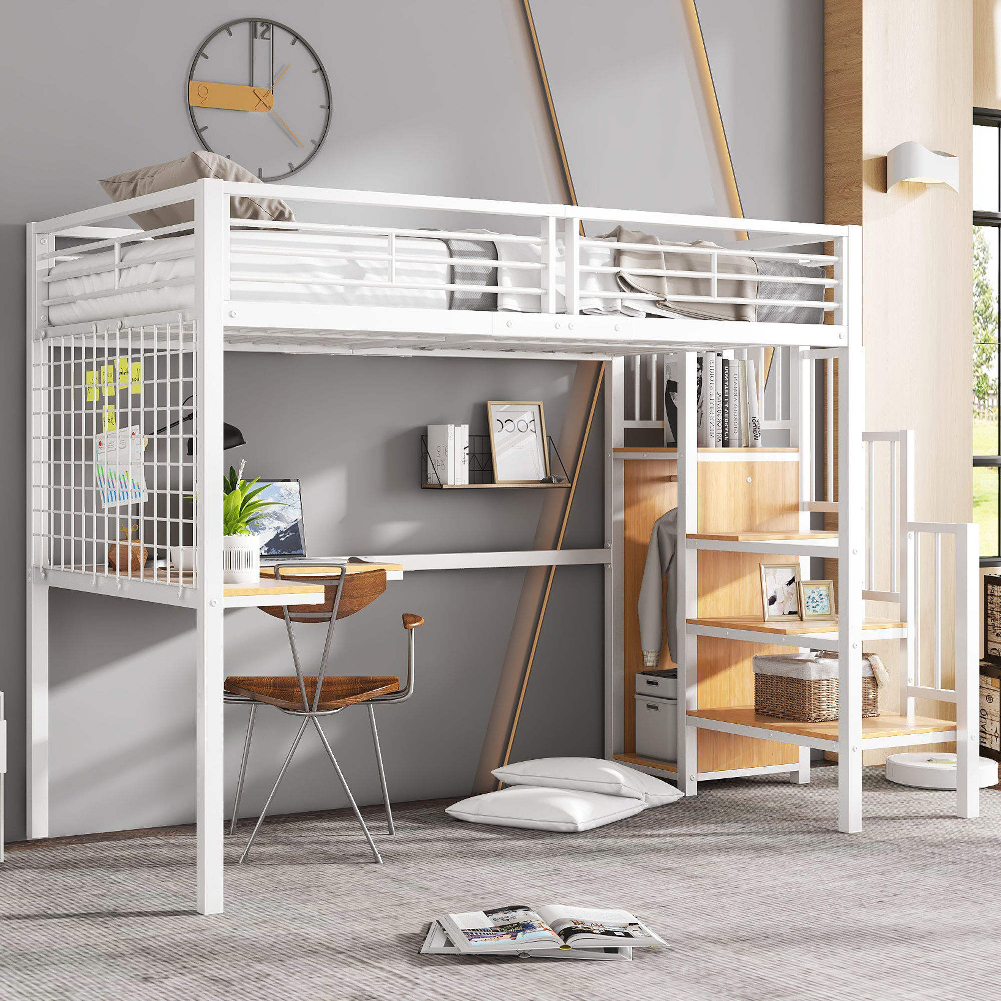 32552890WAA Iron Bed, Bunk Bed, Loft Bed, Suitable For Children And Teenagers, With Table And Wardrobe, Side Ladder With Handrail, Iron Particleboard, White Natural, 90x200cm