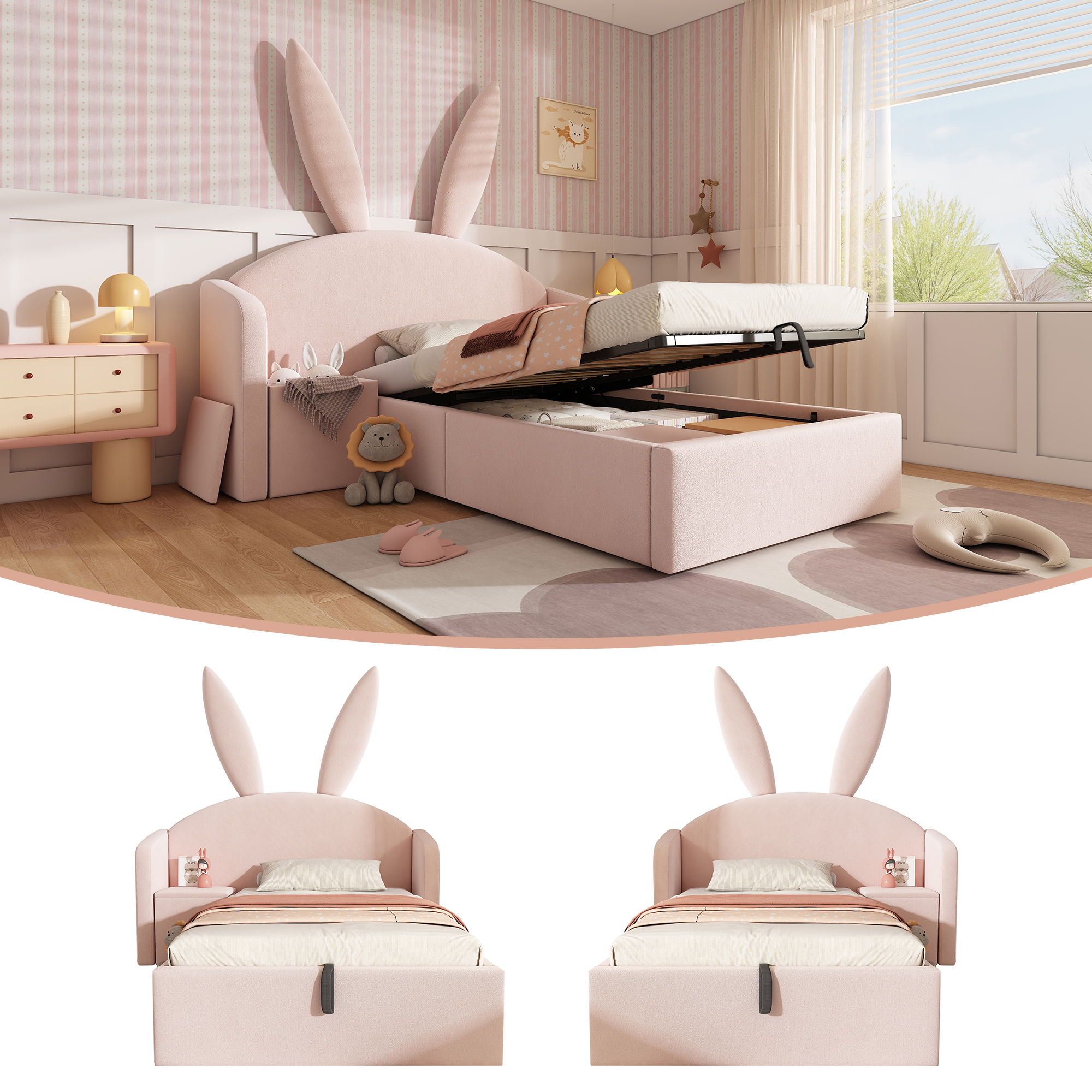 Upholstered Bed 90x200 Cm In Pink With Rabbit Ear Look, Children's Bed With Storage Box & Side Table, Velvet Soft Bed  Without Mattress