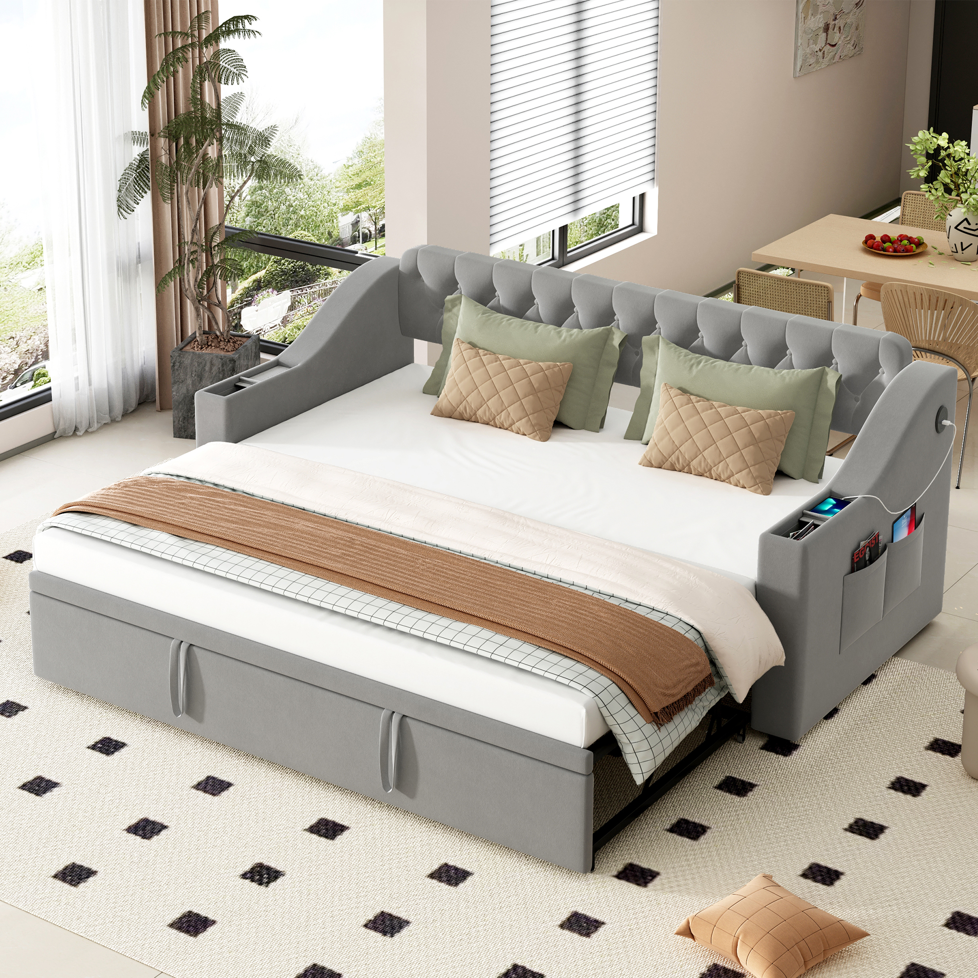 Upholstered Bed Sofa Bed, 90 180x190 Cm, Wider And Thicker Armrests With USB Charging Port, Integrated Shelf In The Armrests, With Storage Pockets, With Slatted Base, Velvet Fabric, Grey
