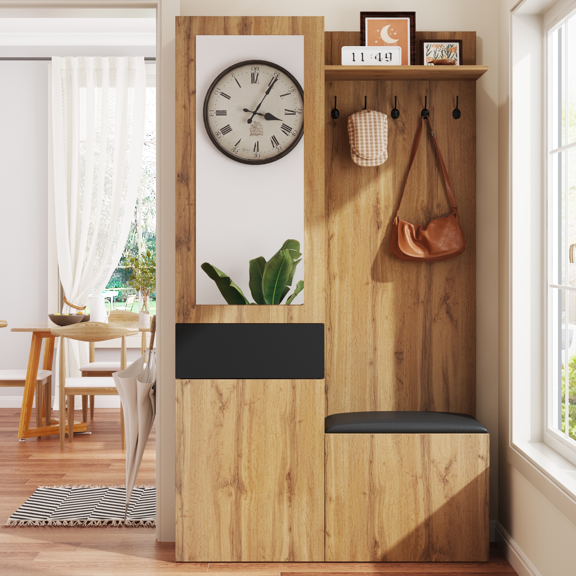 Wardrobe Set With 5 Coat Hooks, Mirror, Shoe Cabinet, Built-in Wardrobe With Upper Shelves, Drawers, Upper Storage Compartments, Hallway Wardrobe Bench.