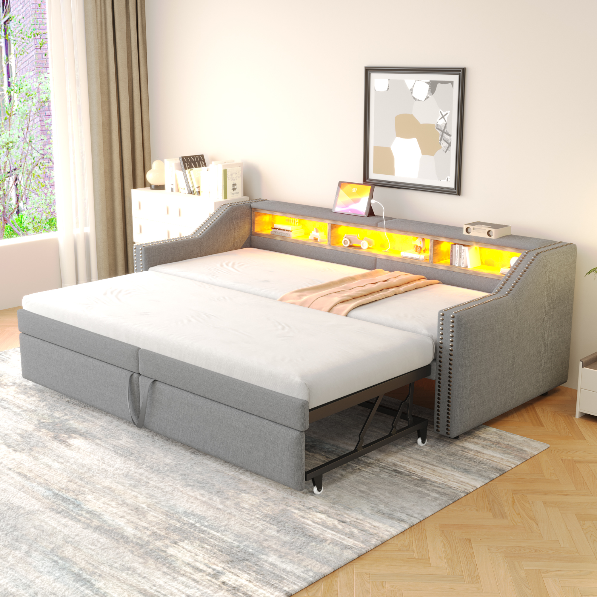 Upholstered Bed Pull-out Sofa Bed 90 180 X 200 Cm, Multifunctional Storage Compartment, LED Light And USB Socket, With Slatted Frame, Light Grey