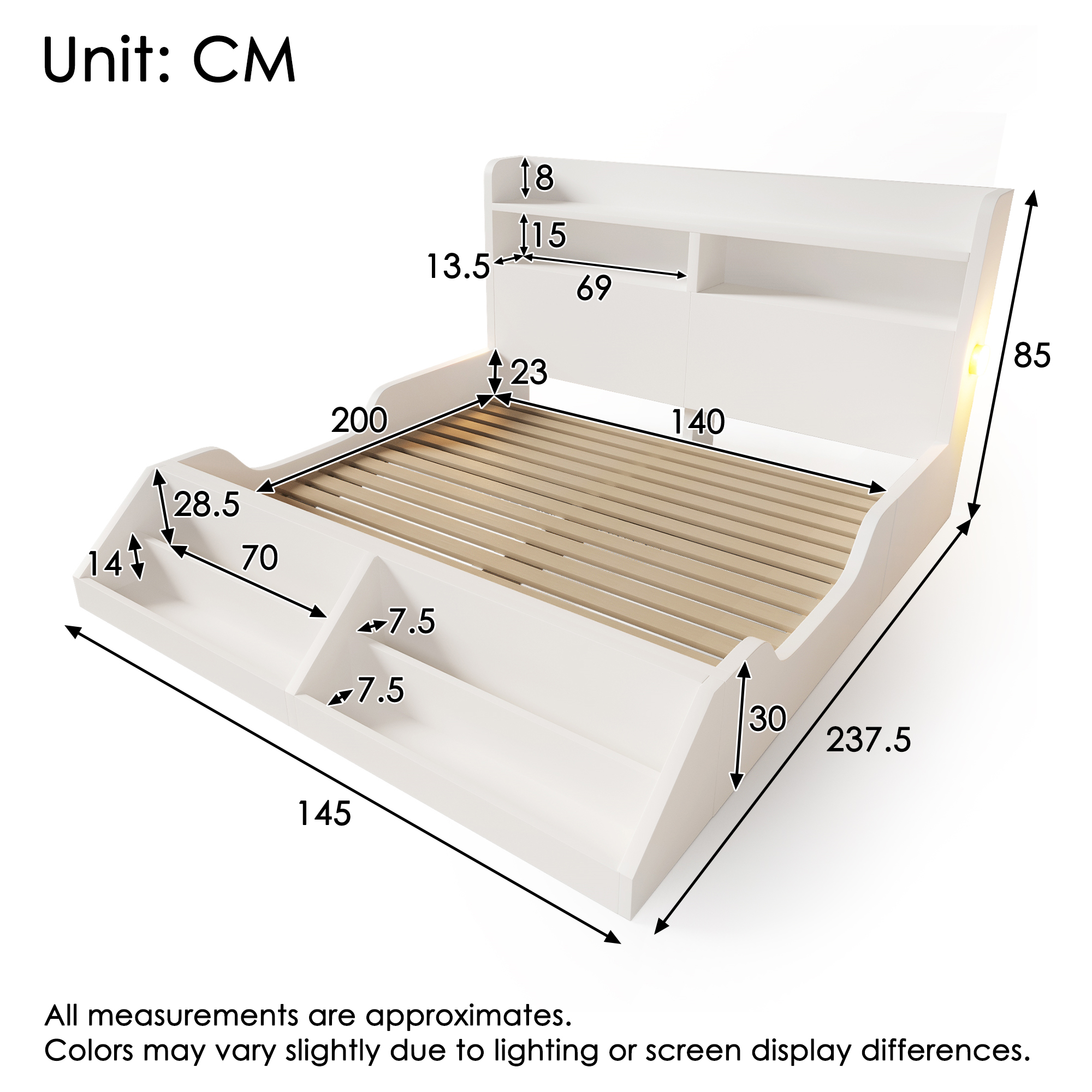 Lit en bois lit double 140x200 cm lit enfant avec étagères, veilleuses – Image 5
