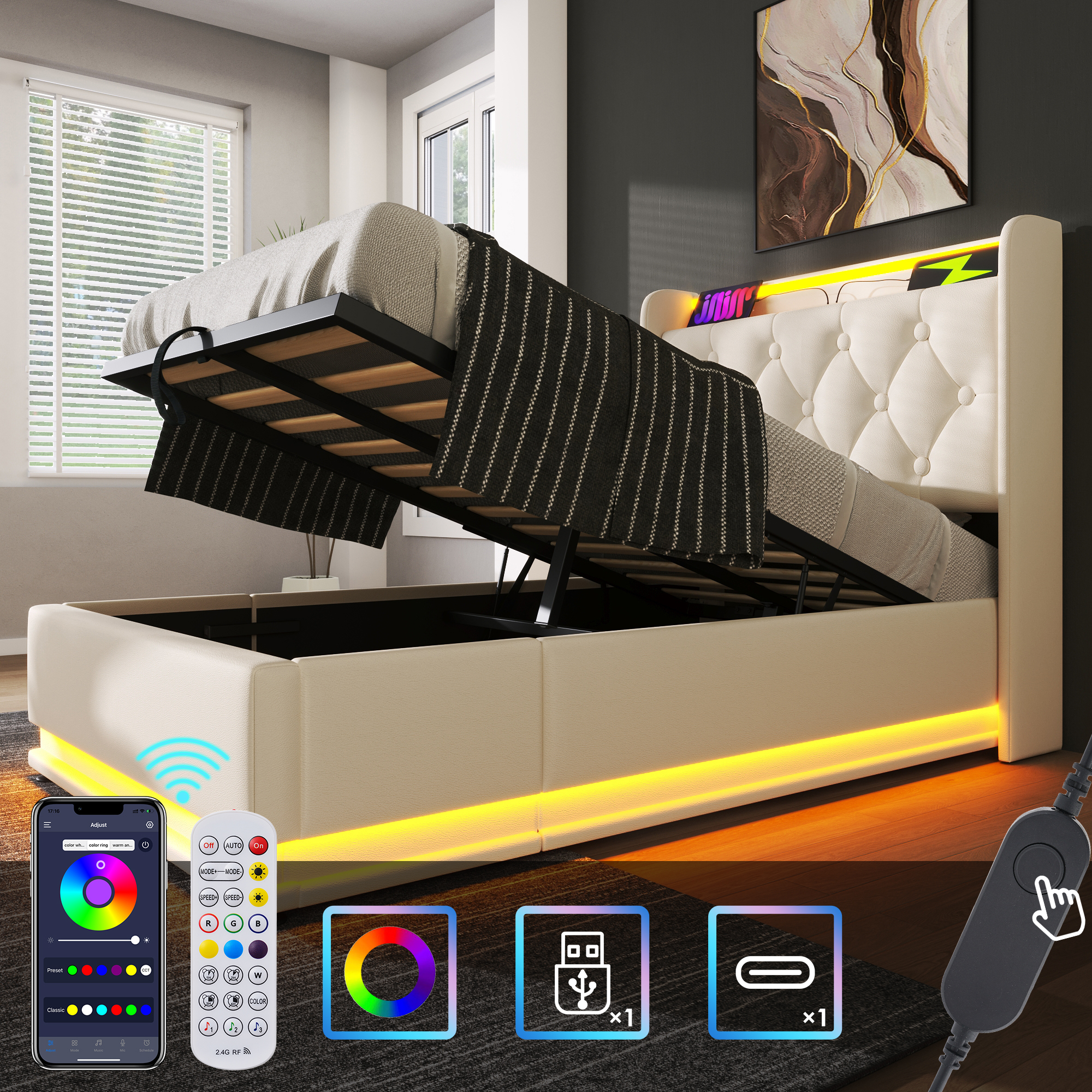 Upholstered Bed Single Bed, 360 Surround LED Function, Push Button App Remote Control, 90x200 Cm, White PU Material Hydraulic Storage Bed, Upholstered Headboard With USB Type-C Charging Function