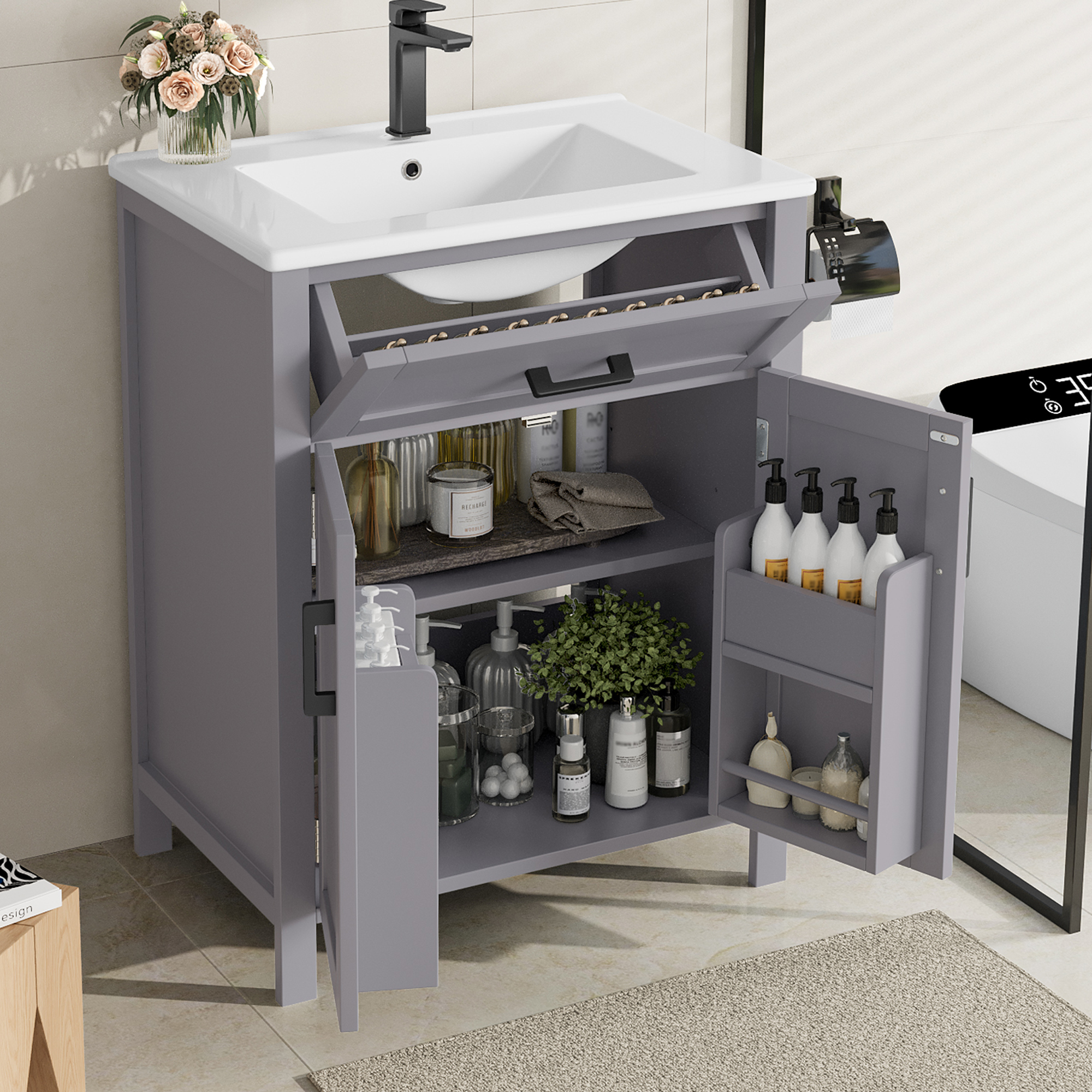60 X 46 X 84.8 Cm Floor-standing Bathroom Cabinet With Sink, Vanity Unit, Fully Lacquered Finish, Double-door Shelves, Practical Drawers, Adjustable S