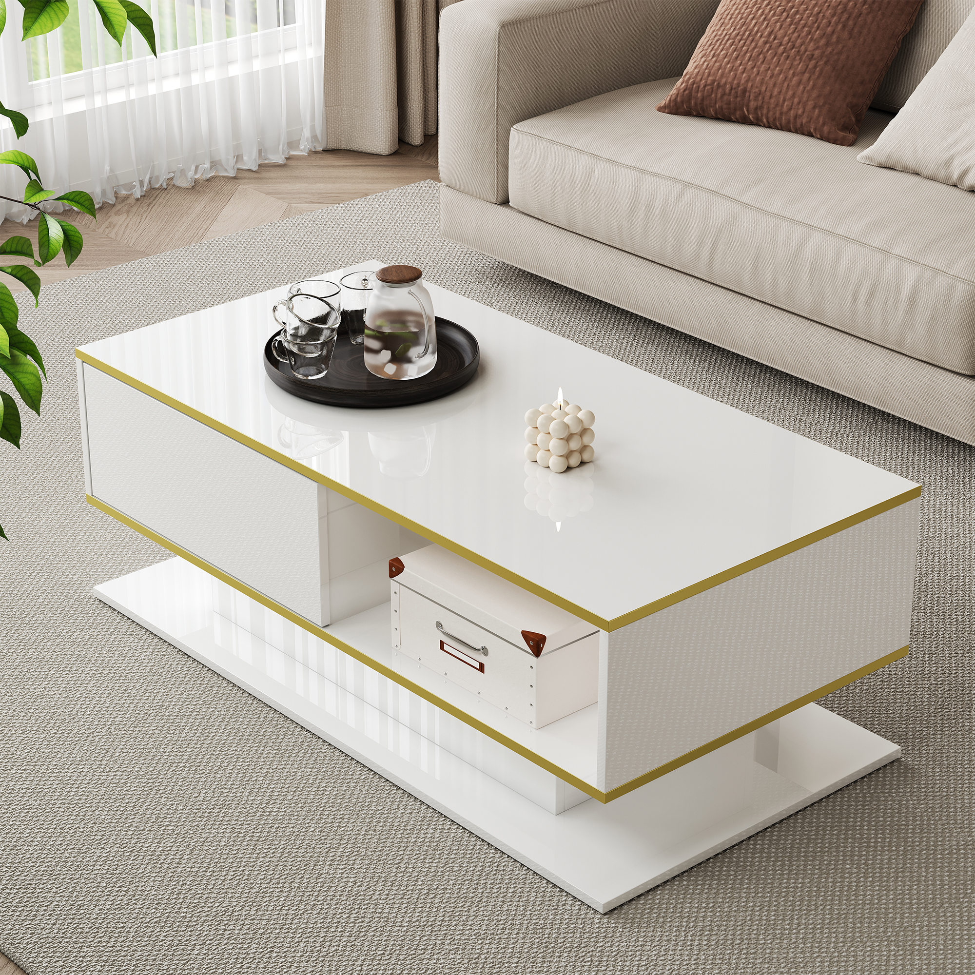 Modern LED Coffee Table With High Gloss, 100 Cm Long, Gold Decoration, 3 Drawers & USB LED Light Strip Adapter Power Bank Required 5