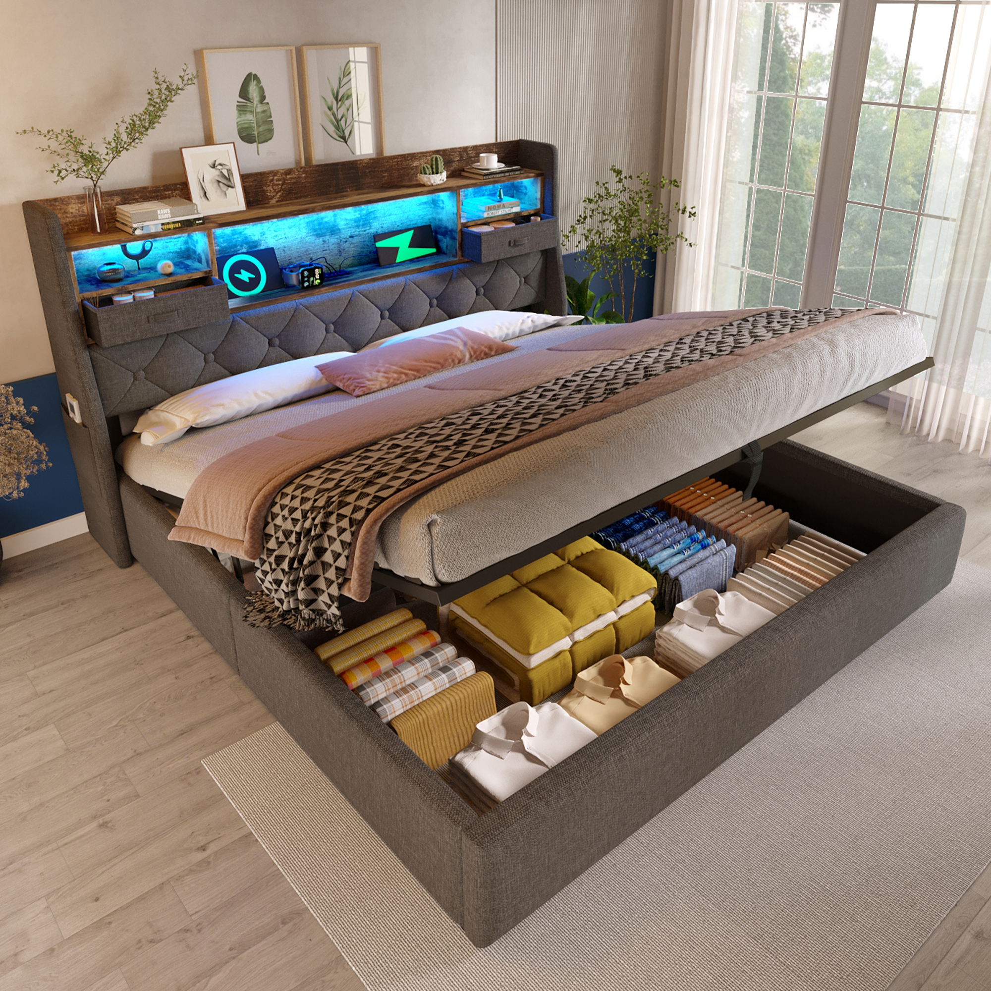 Upholstered Bed 160x200 Cm With Hydraulic Storage Space & LED Headboard, 4 Charging Stations  USB Type-C , Double Bed Incl. Slatted Frame, Grey Linen Fabric  Without Mattress