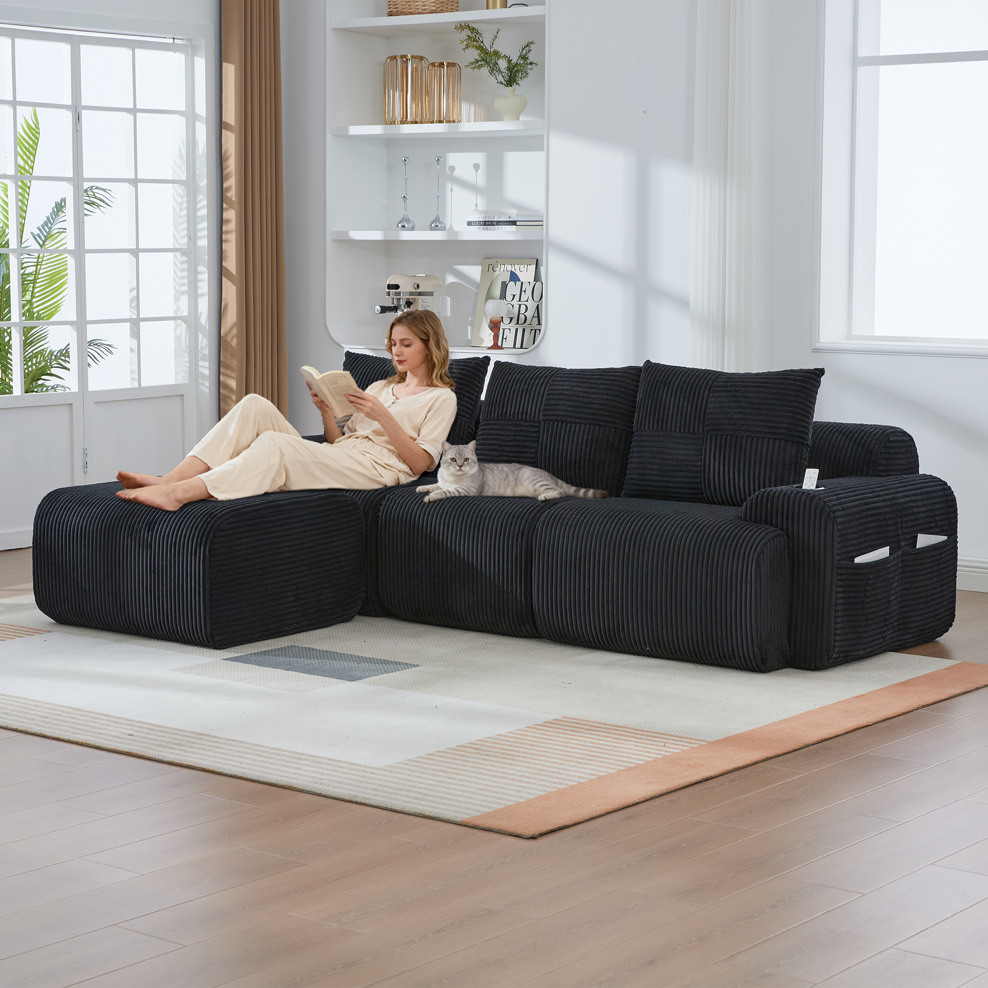 Modular Corduroy Sofa For 3 People  With Stools , Freely Combinable, Including Cup Holder And Side Storage Bag, Ideal For Living Room, Family Room And