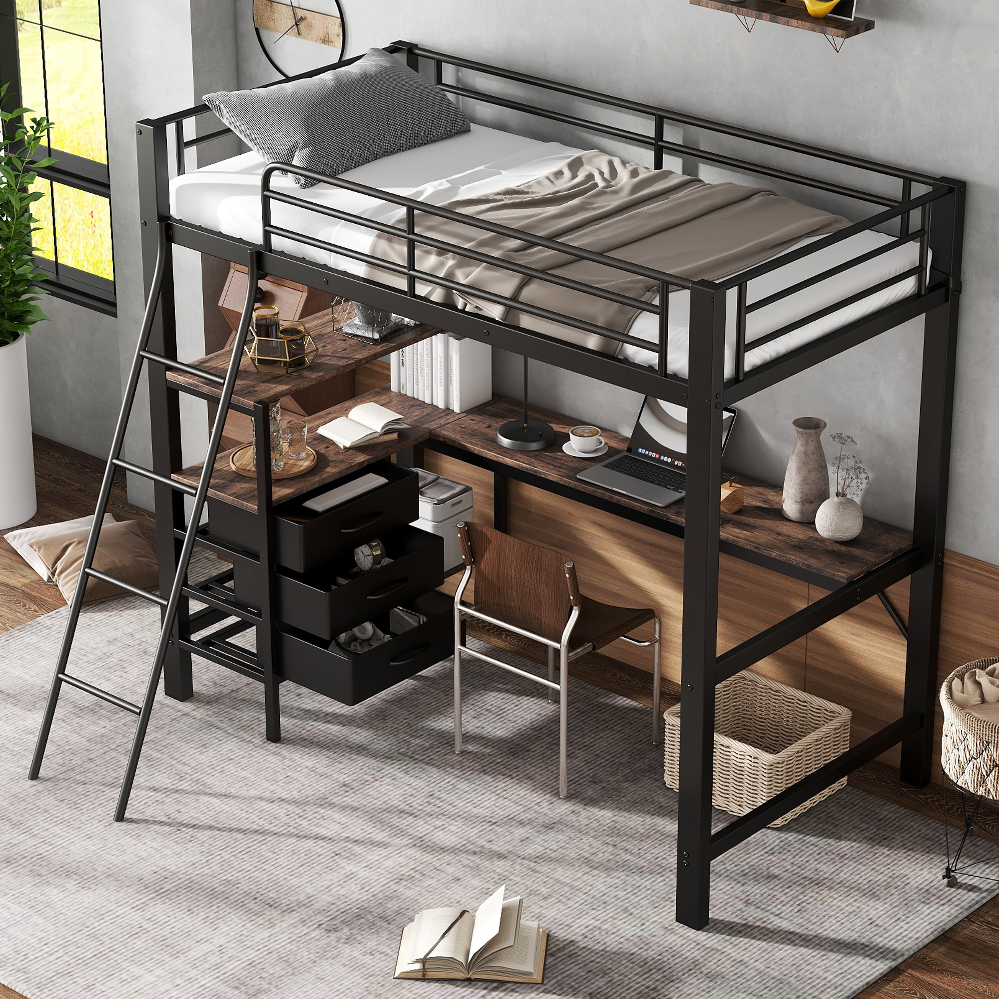 Iron Bed, Bunk Bed, Suitable For Children And Adolescents, Three Drawers, With 2m Long Table, Sloping Ladder With Four Steps, Iron Particleboard, Black Dark Walnut, 90x200cm