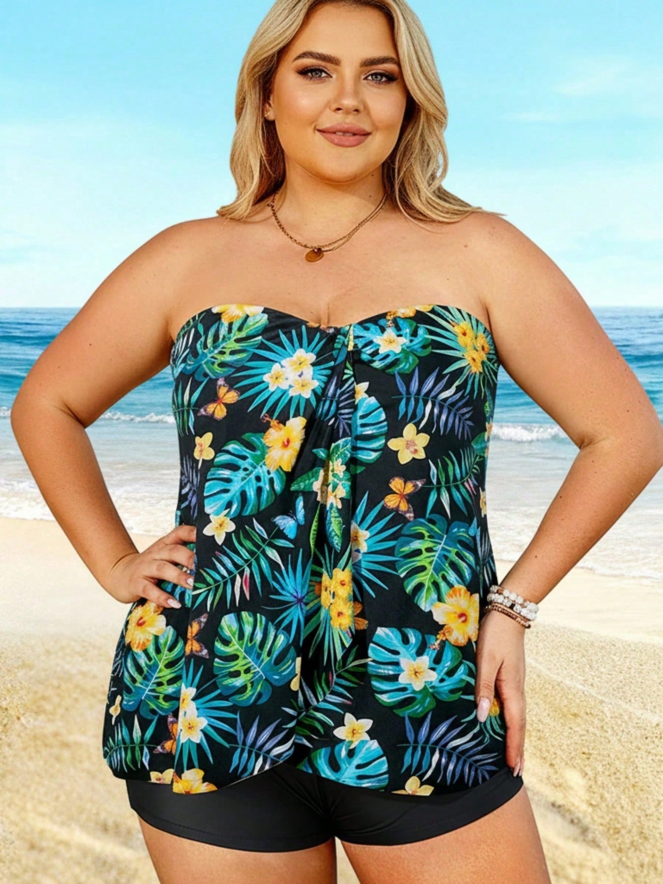 Tropical Print Bandeau Tankini Swim Set