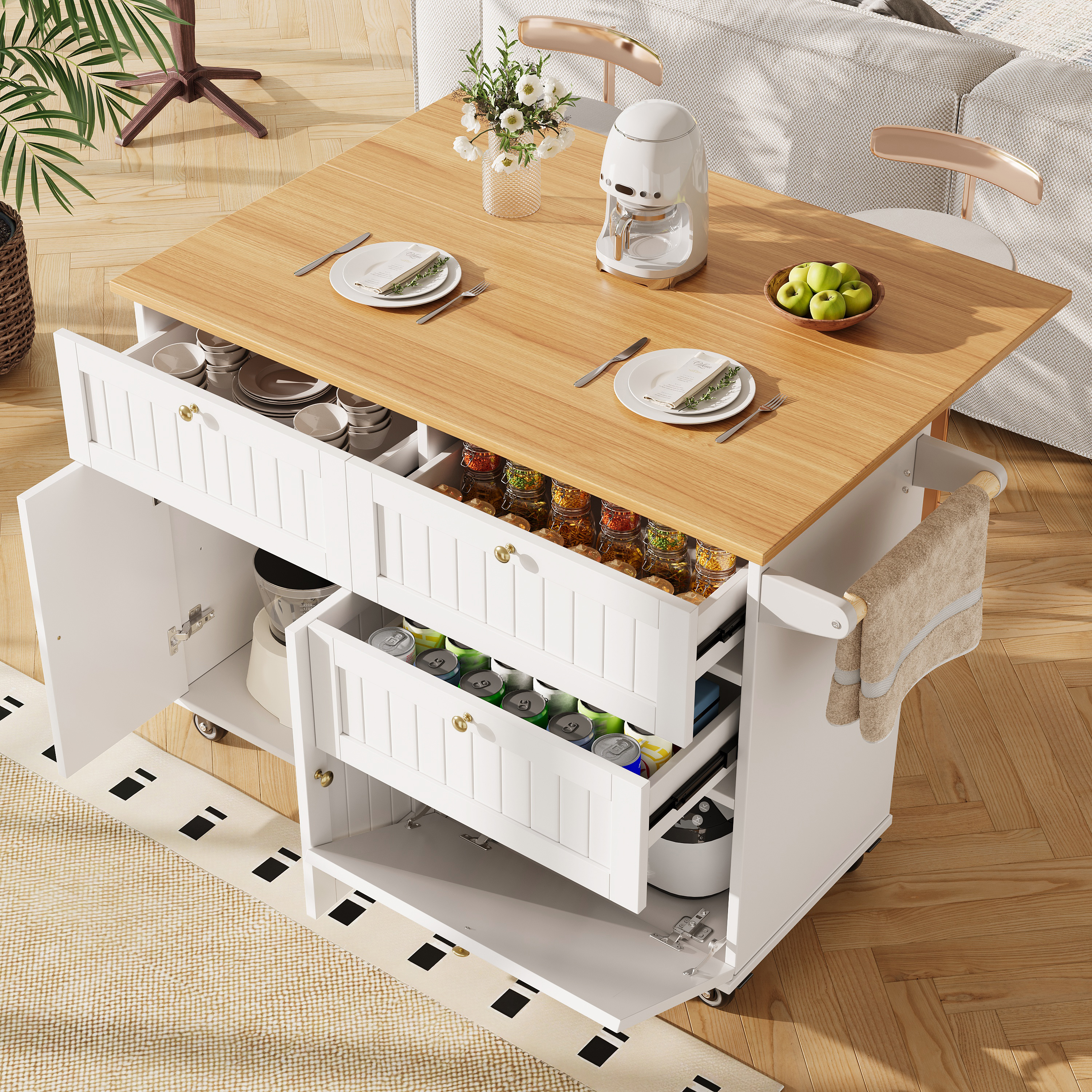 Modern Kitchen Island, Kitchen Cabinet, Sideboard, Dining Trolley With Wood Grain, Sideboard, Multifunctional Dining Table With Storage Space, Dining Trolley With Extendable Cabinets, White