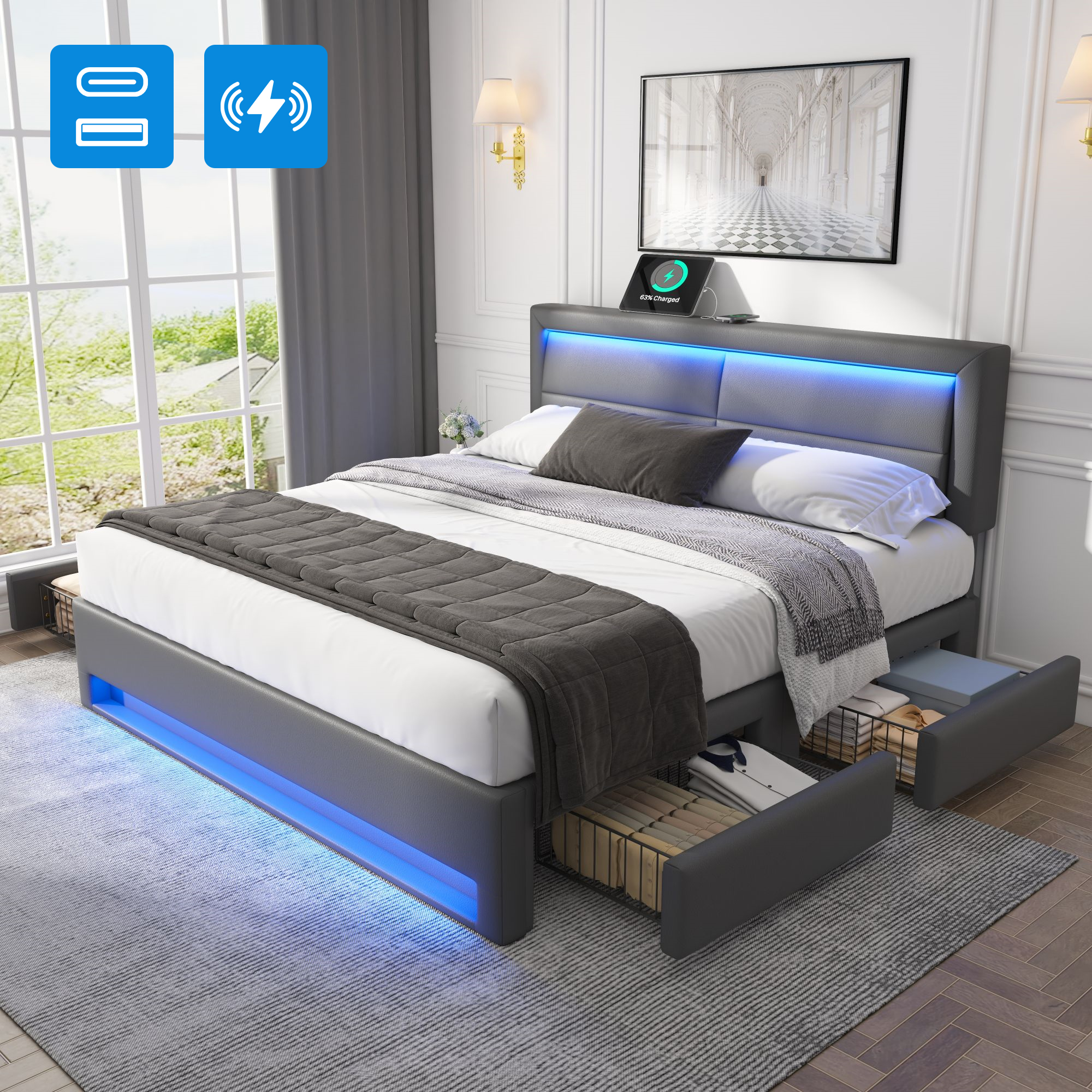 Tufted Bed 140 X 190 Cm With USB Port  Supports Wireless And Wired Charging , With LED Lighting And Four Storage Drawers, Without Mattress, PU Lychee 