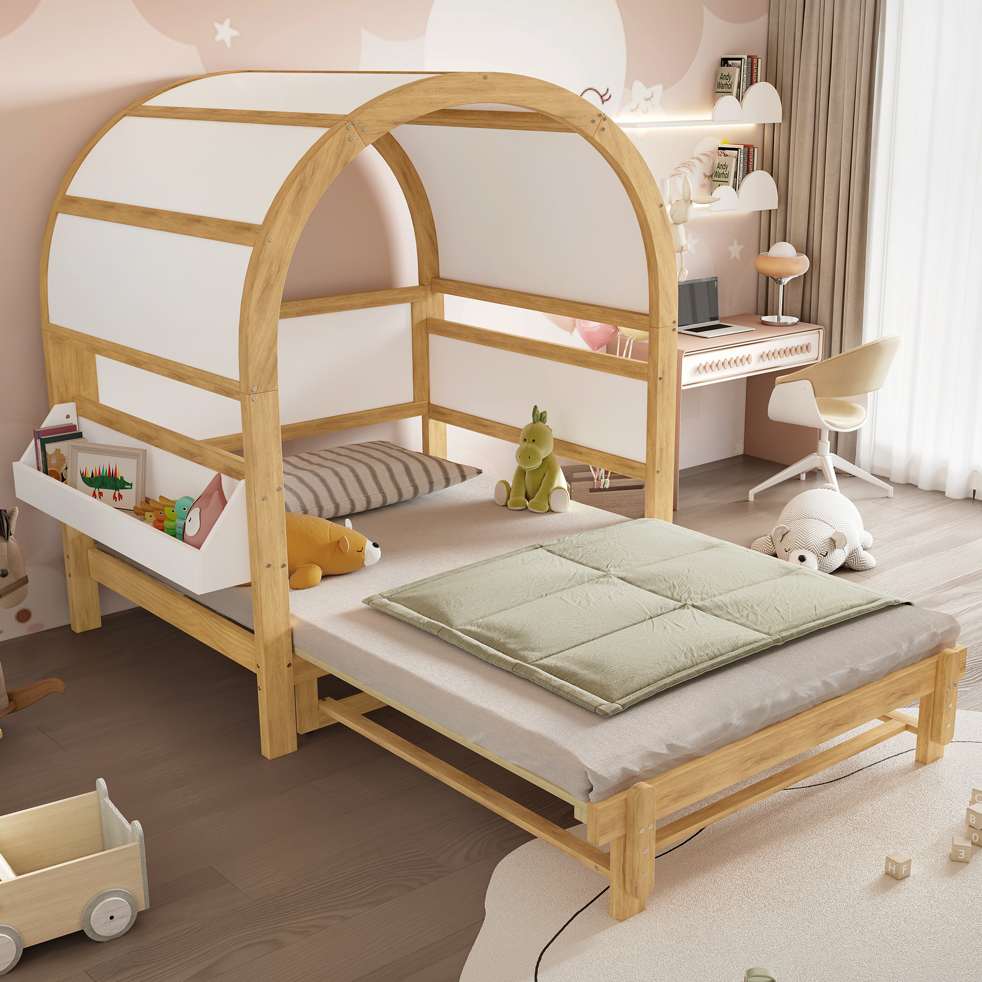Lit de toit incurvé extensible, lit d'enfant coulissant, lit de repos, petite étagère latérale