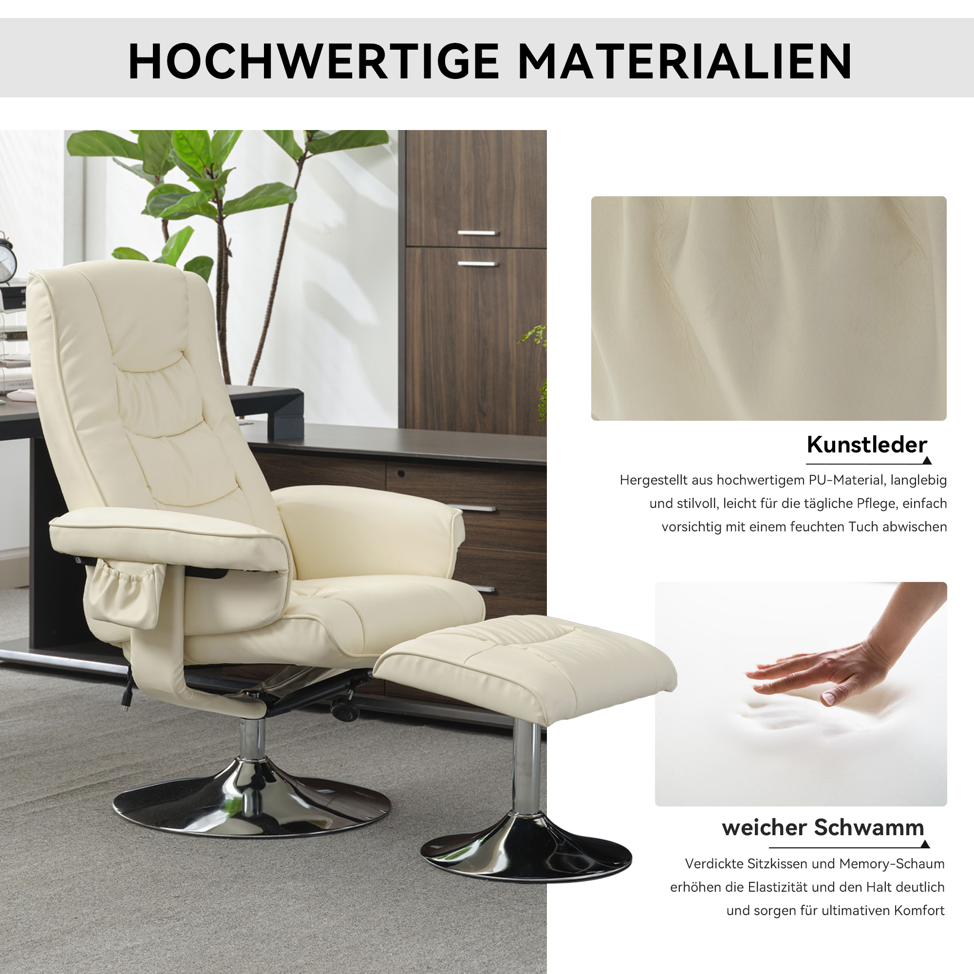Massage Chair With PU Upholstery And Ottoman, Footstool With 5-Point Massager For Living Room And Bedroom, Beige 3
