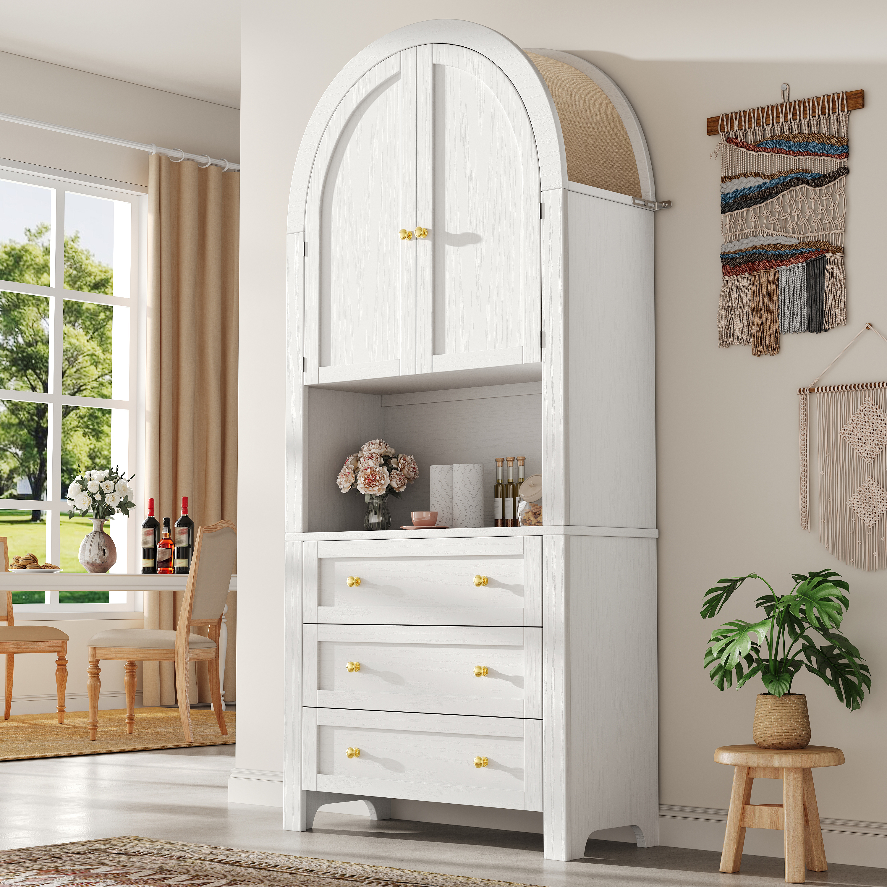 High Arch Storage Cabinet With Drawers And Doors, Freestanding High Arch Storage Door For Kitchen And Living Room, White Arch Shelves With Open Displa