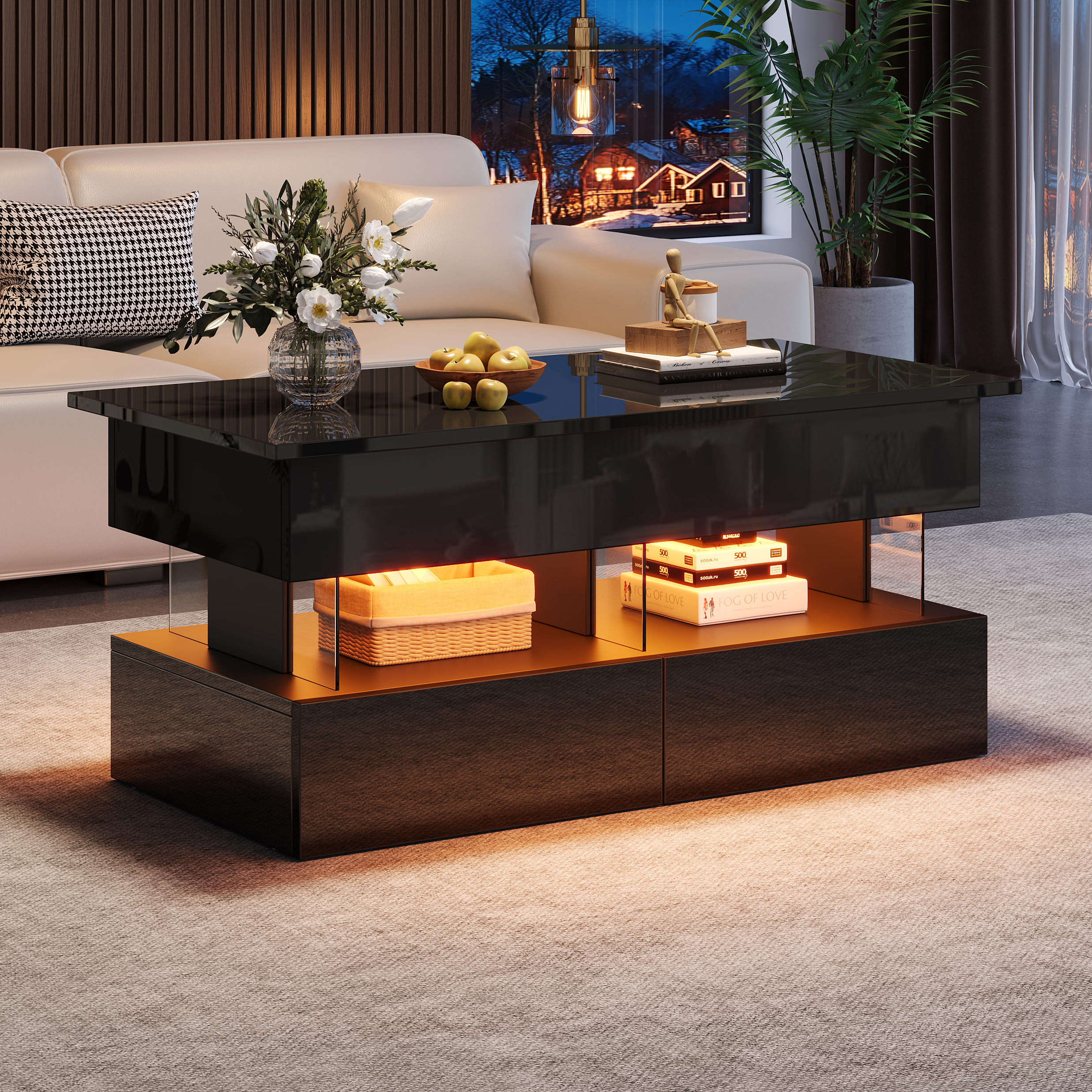 100 X 50 X 46 Cm Liftable Coffee TableSofa Table With Height Adjustable Table Top And Hidden Storage, High Gloss Side Table With LED, Coffee Table With 2 Drawers, Black, MDF  Acrylic