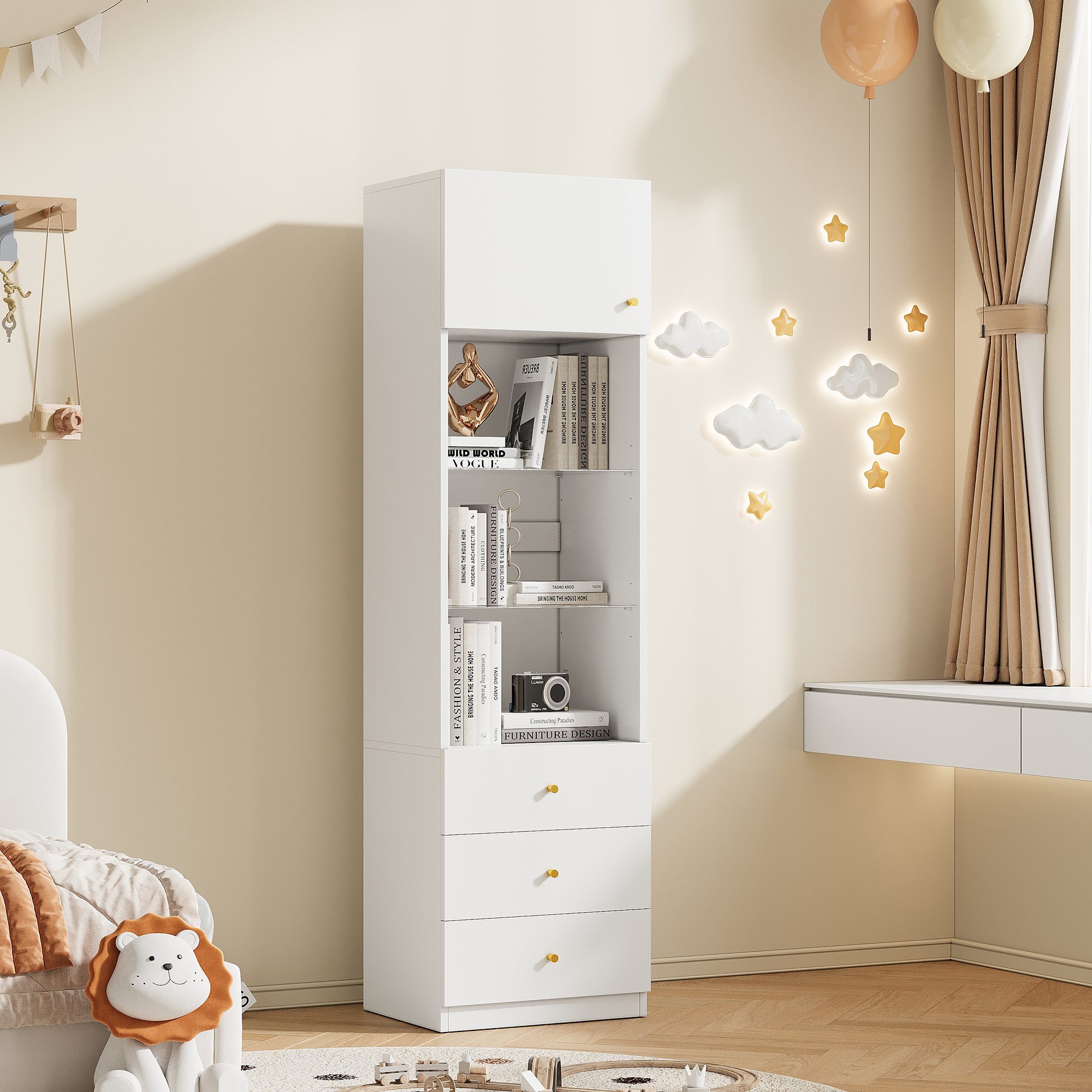 Display Cabinet, Tall Cabinet, Storage Cabinet, Bookcase, With Open Storage Space, With Drawers, Height-adjustable Glass Shelves, White, 50x40x180 Cm
