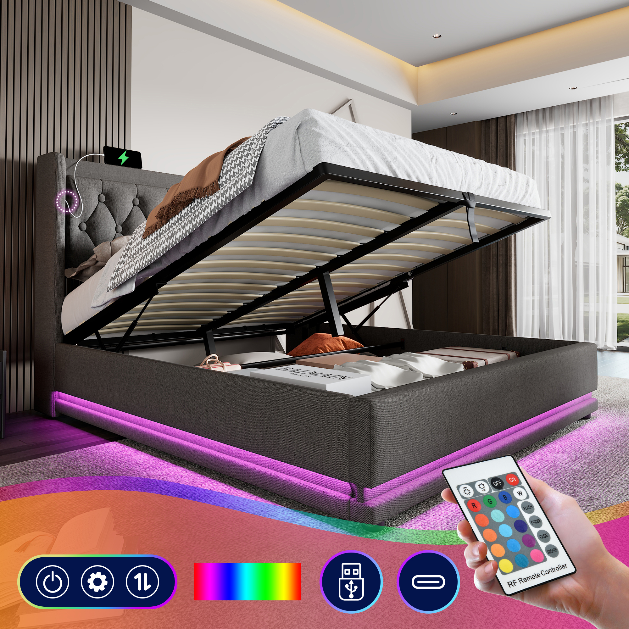 Upholstered Bed Double Bed 180x200 Cm, Grey Cotton Material Hydraulic Storage Bed, Upholstered Headboard With USB Type-C Charging Function, 3-Sided LED Function  Without Mattress