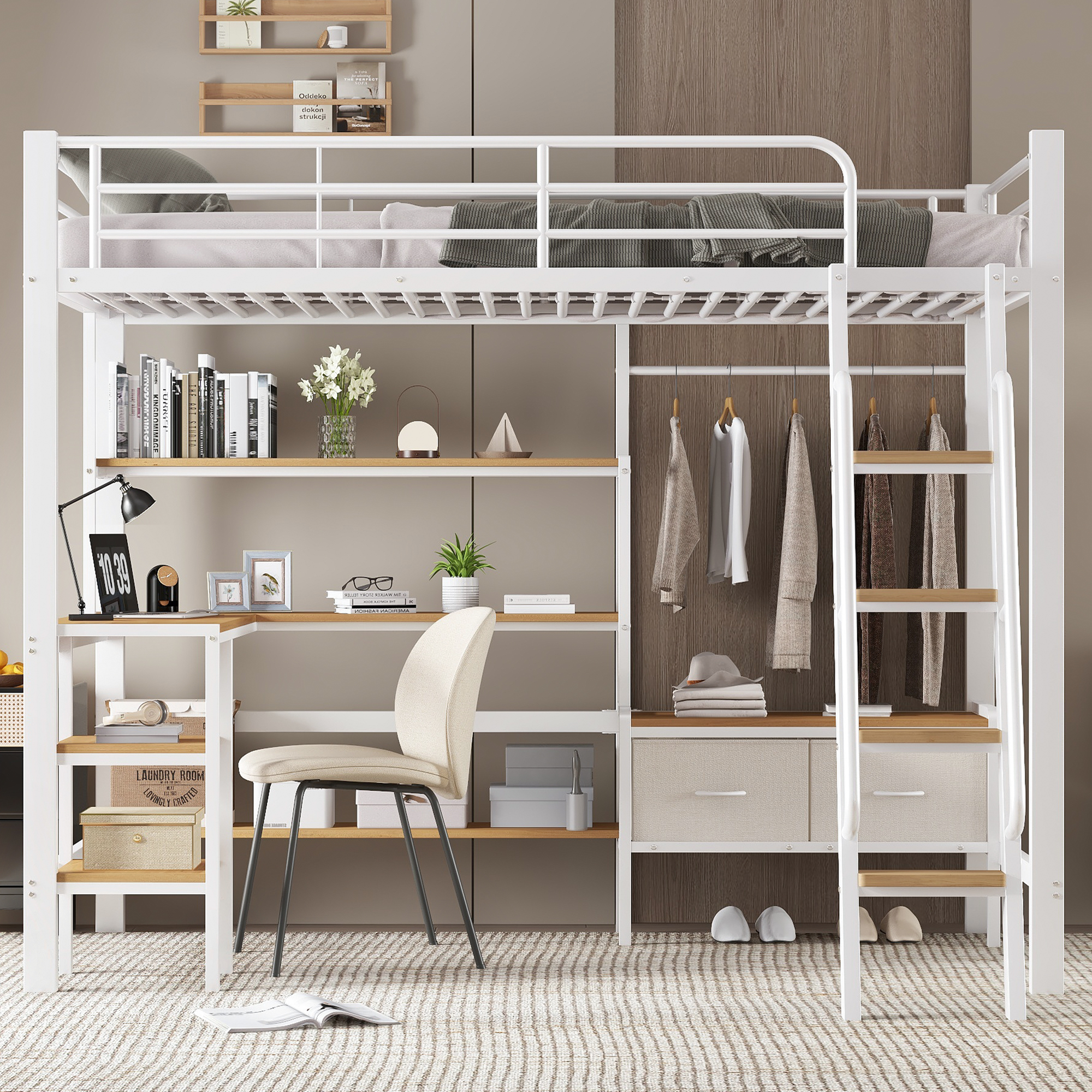 Iron Bed, Loft Bed, Including Two Fabric Storage Boxes, With Desk And Storage Shelf, Four-Story Inclined Staircase, Iron  MDF, White Natural, 90x200cm